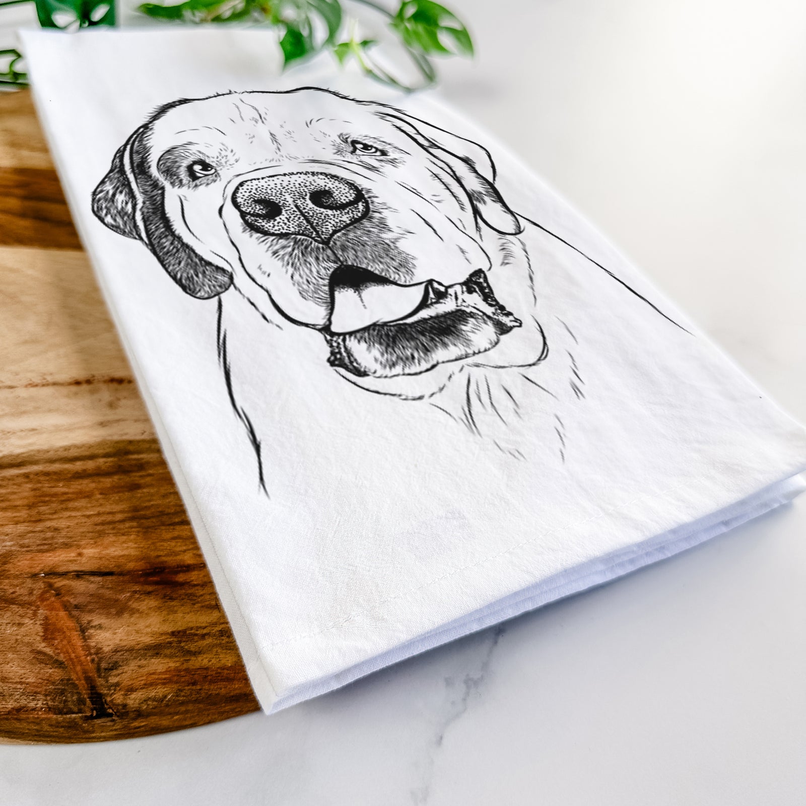 Hand-drawn sketch of Wendy the Saint Bernard on a tea towel