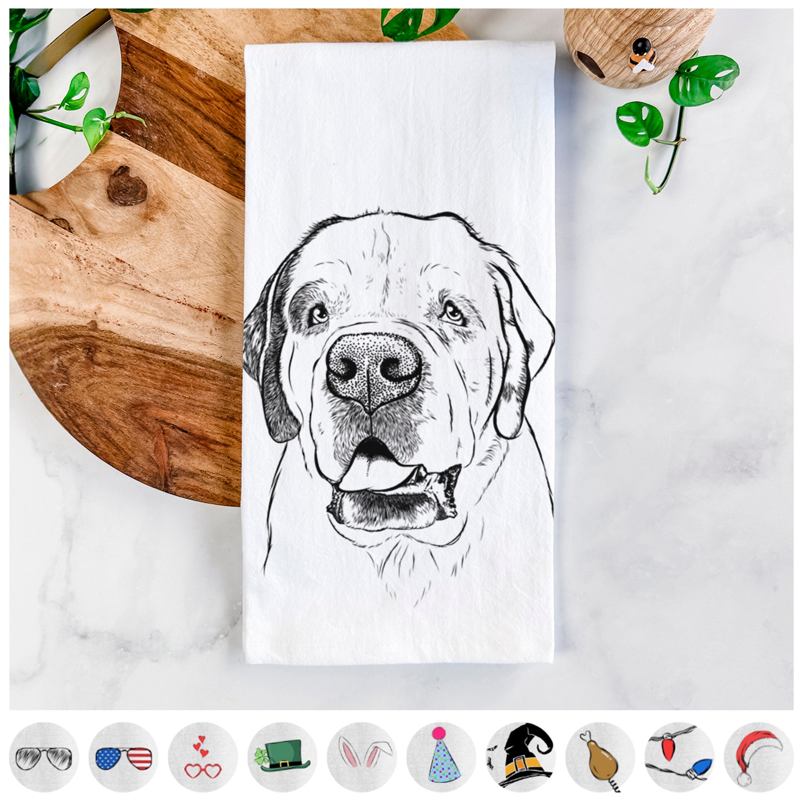 Hand-drawn sketch of Wendy the Saint Bernard on a tea towel, shown with icons of the other available costume styles