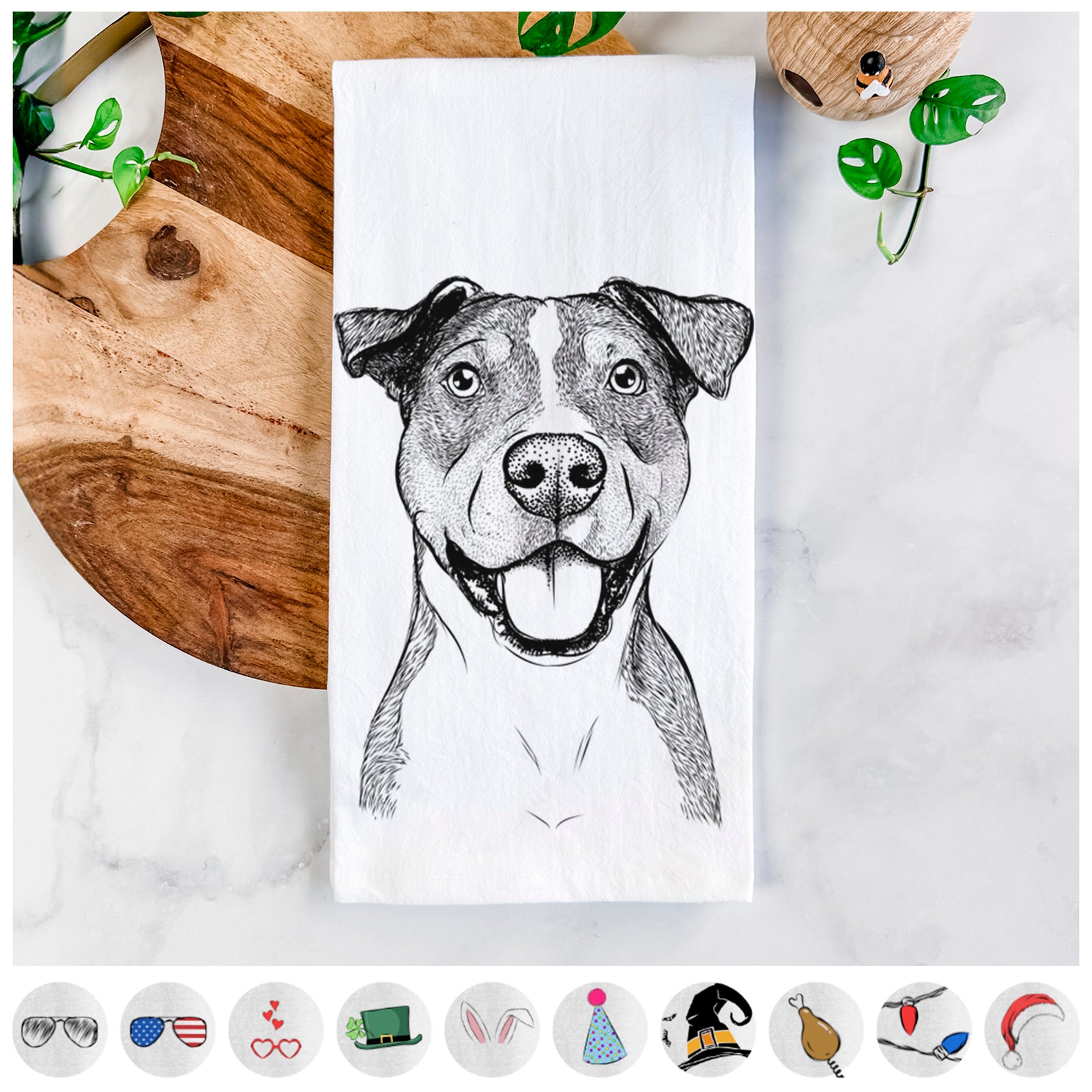 Hand-drawn sketch of Wendy the Mixed Breed on a tea towel, shown with icons of the other available costume styles