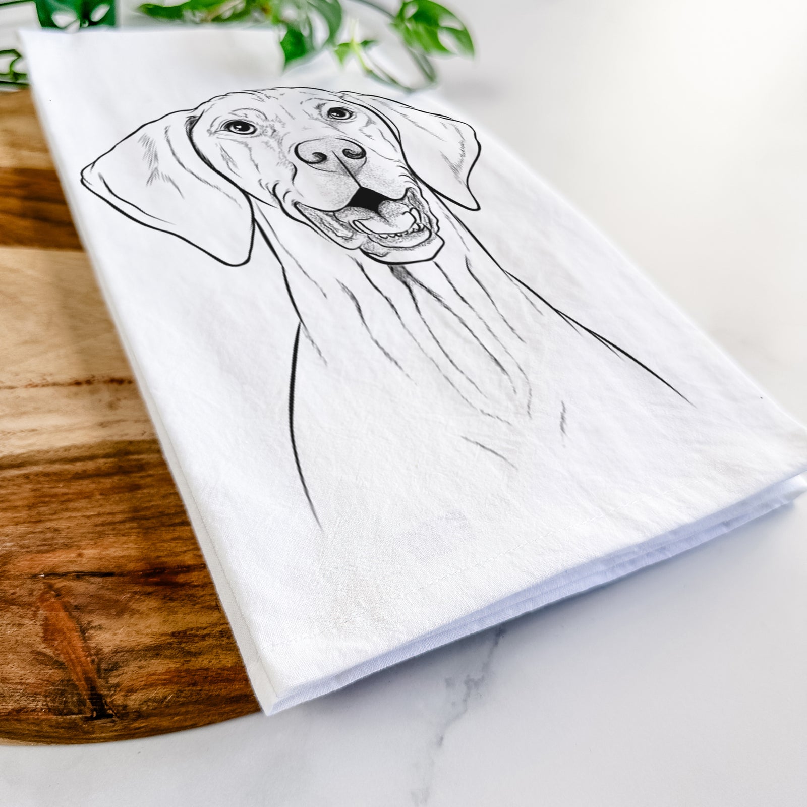 Hand-drawn sketch of Wesley the Vizsla on a tea towel