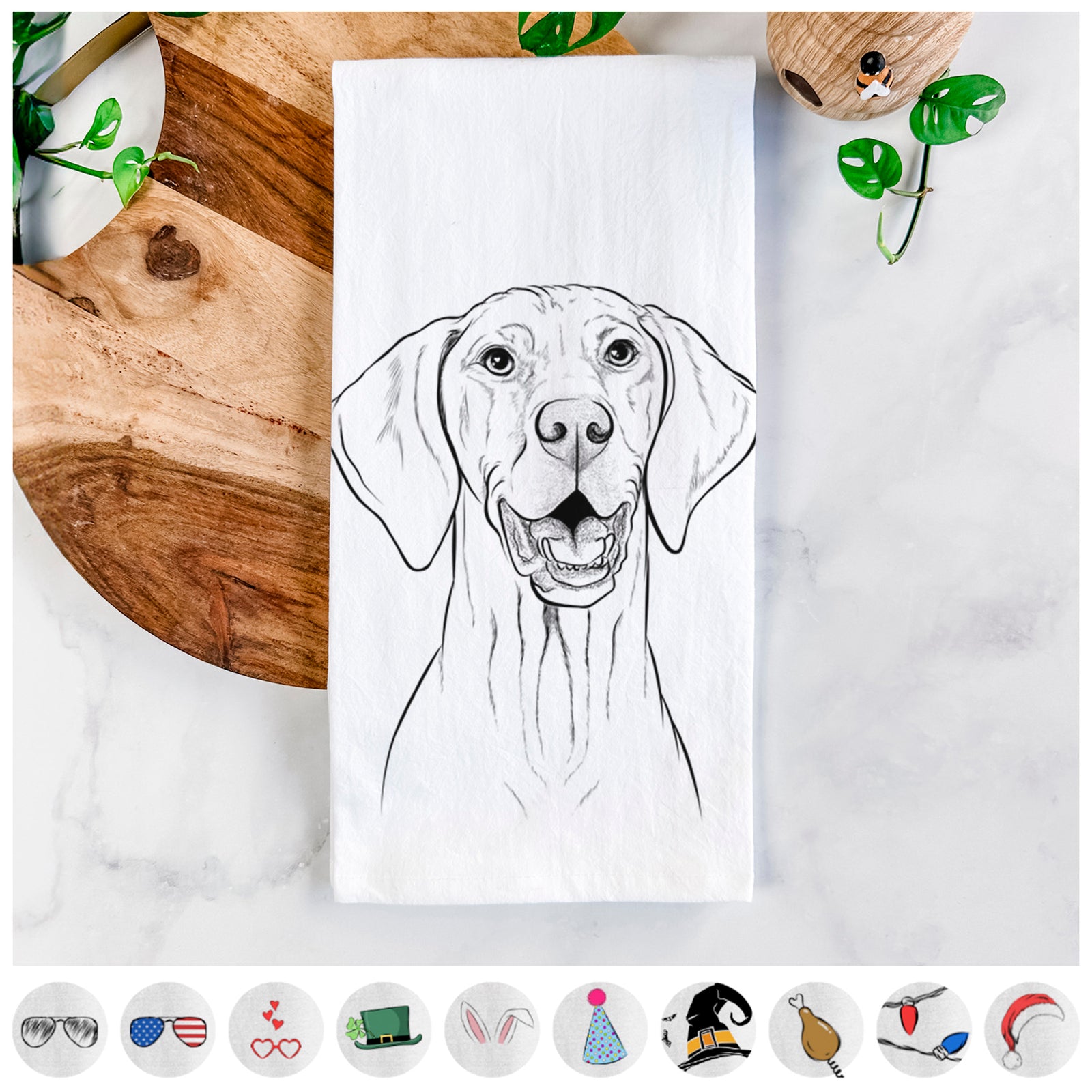 Hand-drawn sketch of Wesley the Vizsla on a tea towel, shown with icons of the other available costume styles