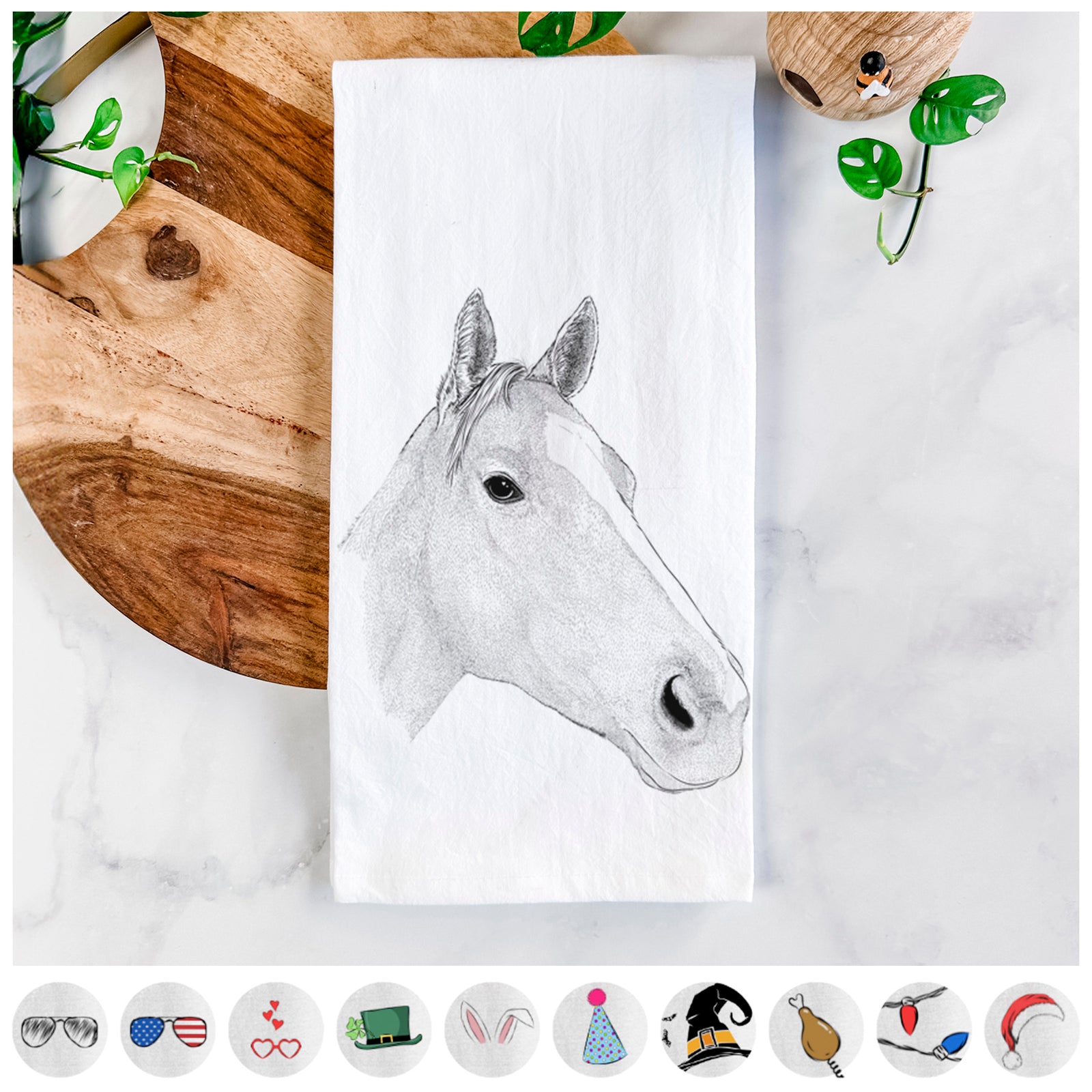 Hand-drawn sketch of Westley the Horse on a tea towel, shown with icons of the other available costume styles
