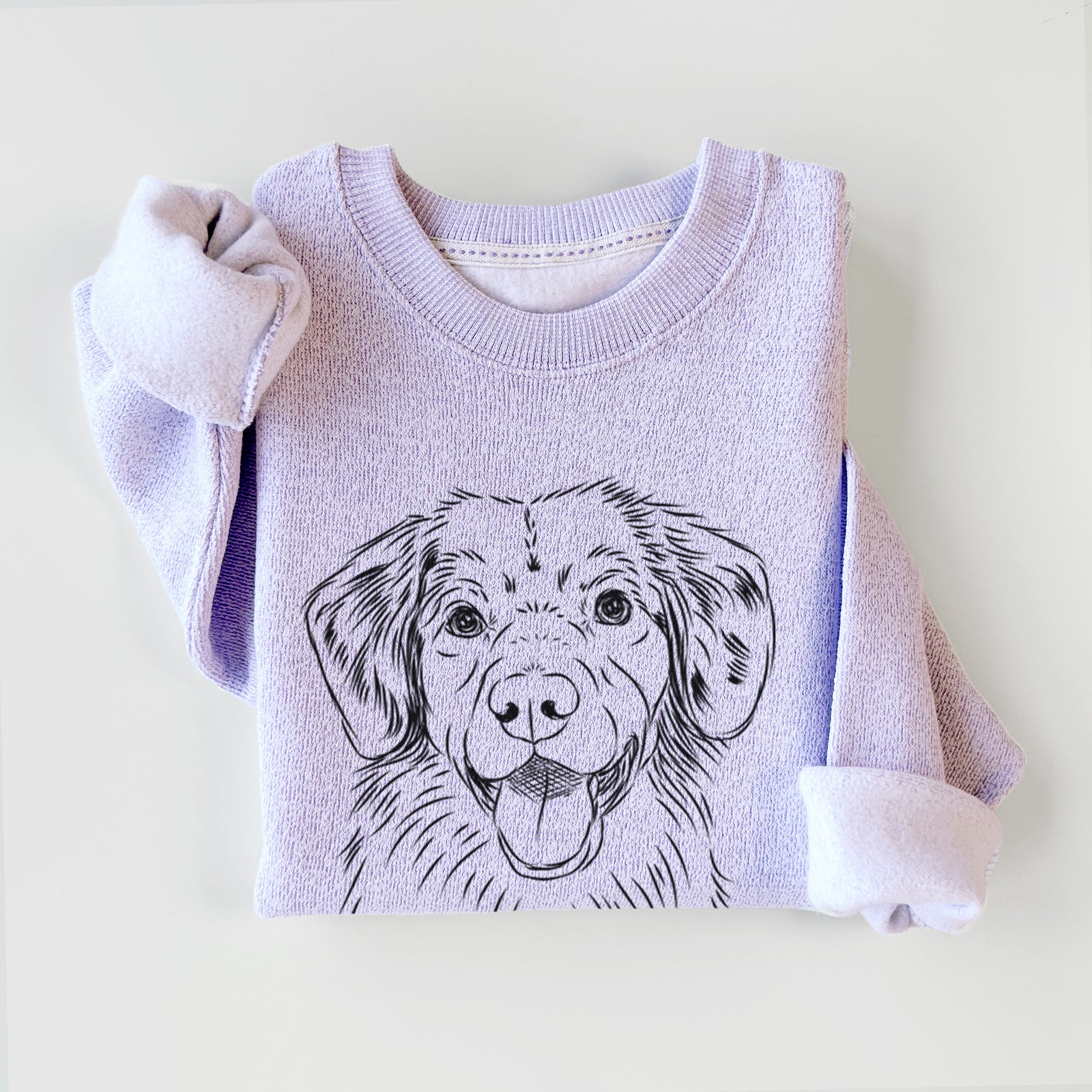 Hand-drawn sketch of Weston the Nova Scotia Duck Tolling Retriever on an Ice Purple knit sweatshirt
