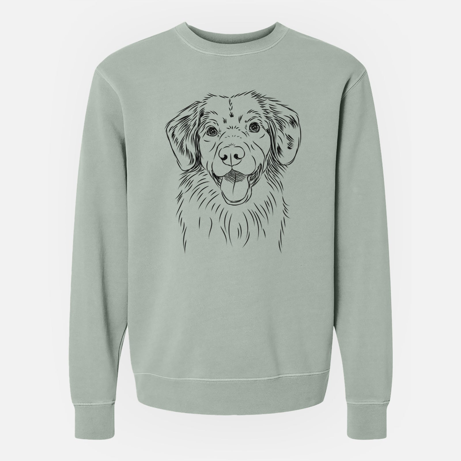 Hand-drawn sketch of Weston the Nova Scotia Duck Tolling Retriever on a Sage Unisex pigment dyed crew sweatshirt