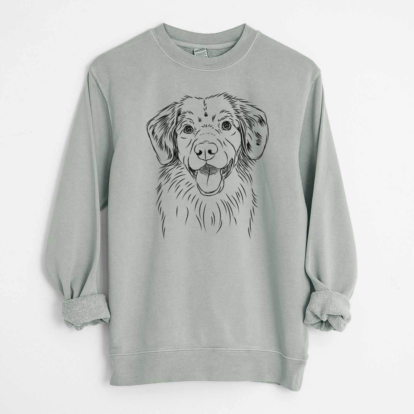 Hand-drawn sketch of Weston the Nova Scotia Duck Tolling Retriever on a Sage Unisex pigment dyed crew sweatshirt