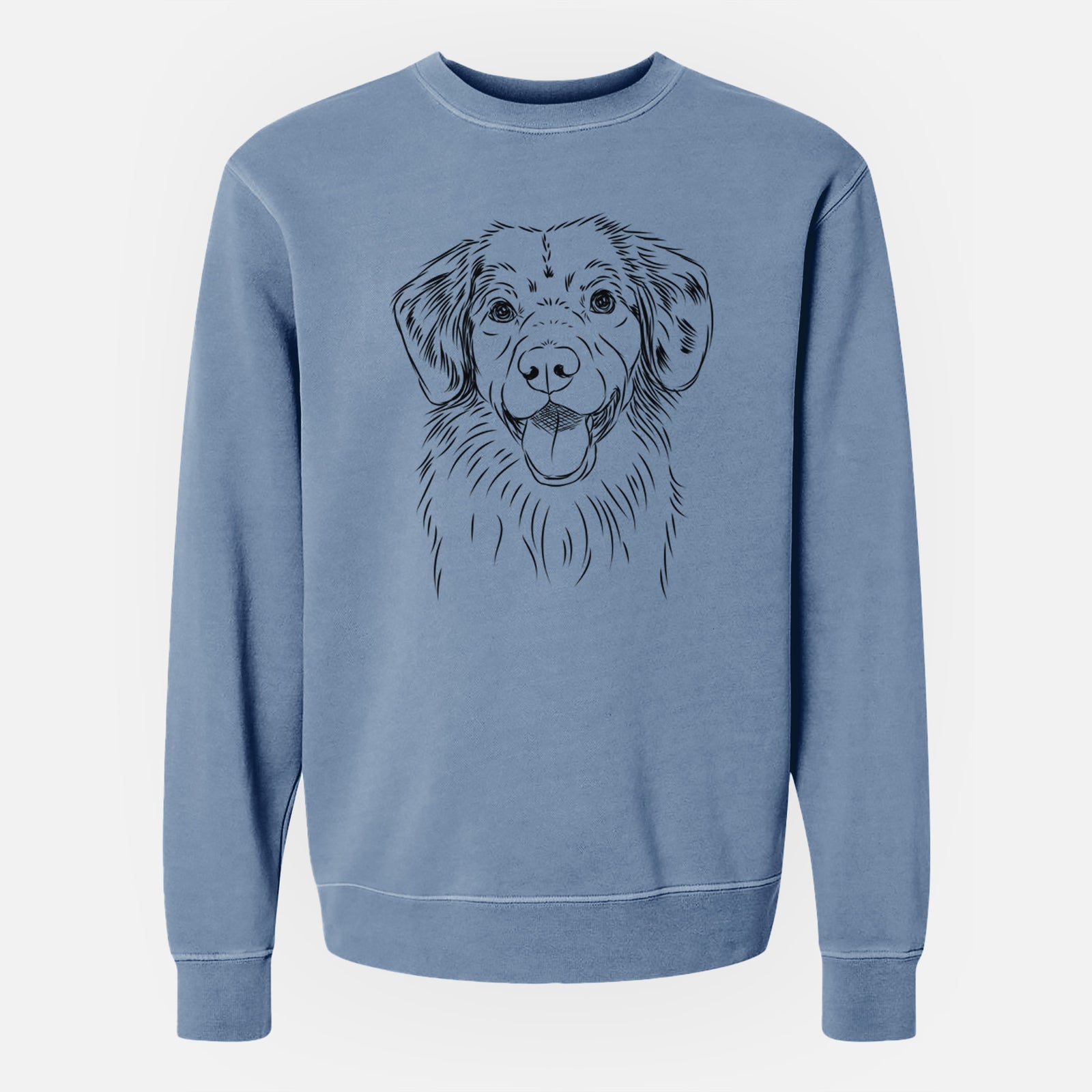 Hand-drawn sketch of Weston the Nova Scotia Duck Tolling Retriever on a Slate Blue Unisex pigment dyed crew sweatshirt