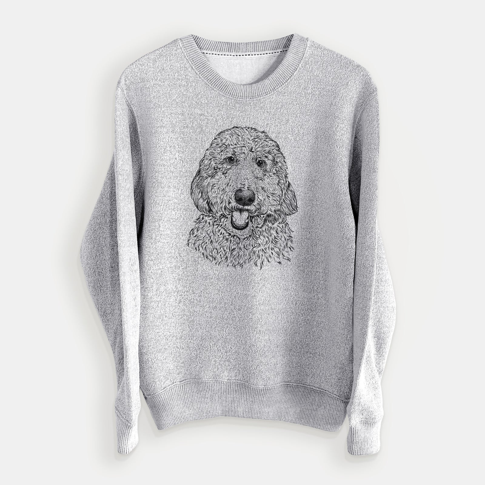 Hand-drawn sketch of Whisper the Goldendoodle on a Salt Pepper knit sweatshirt