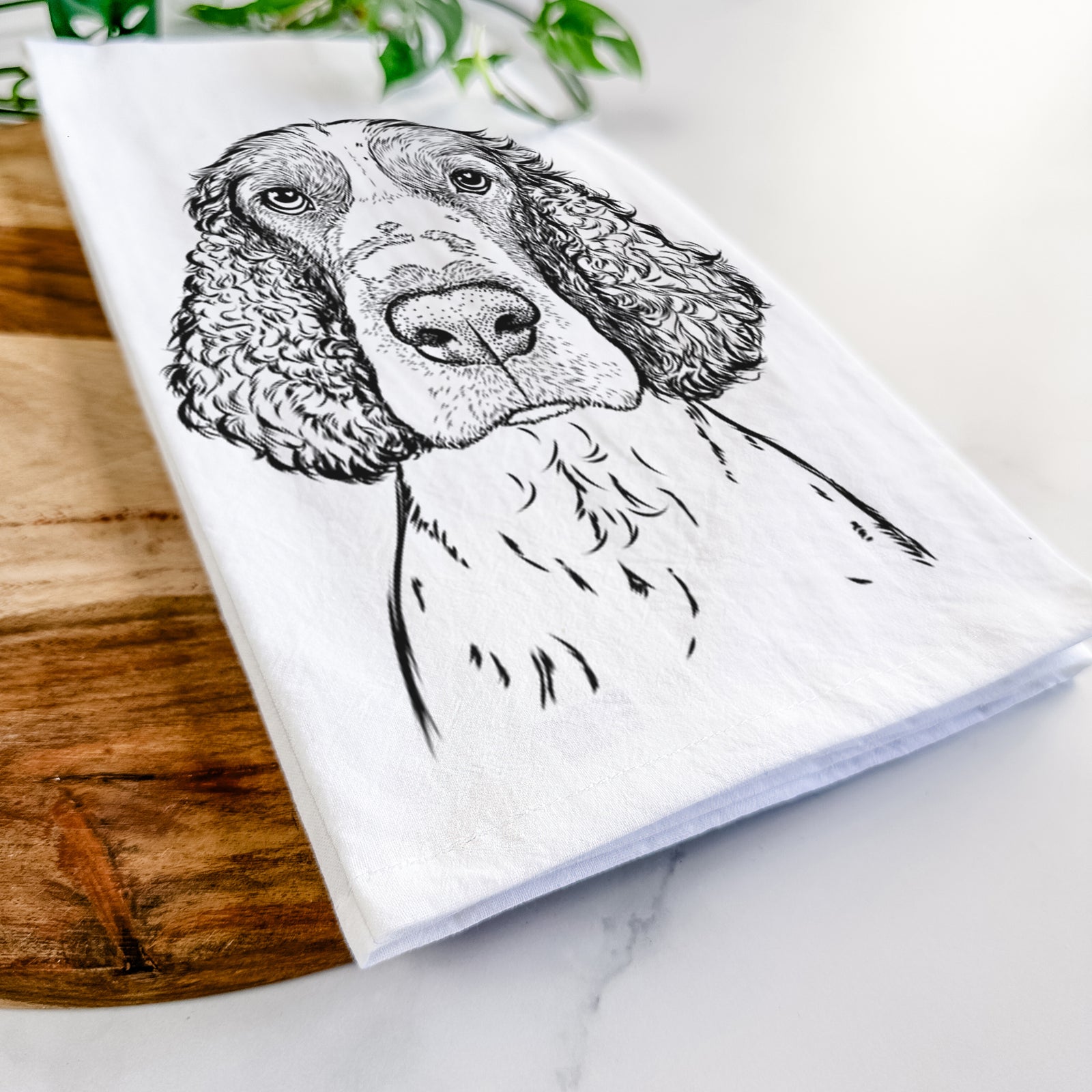 Hand-drawn sketch of Wilbur the English Springer Spaniel on a tea towel