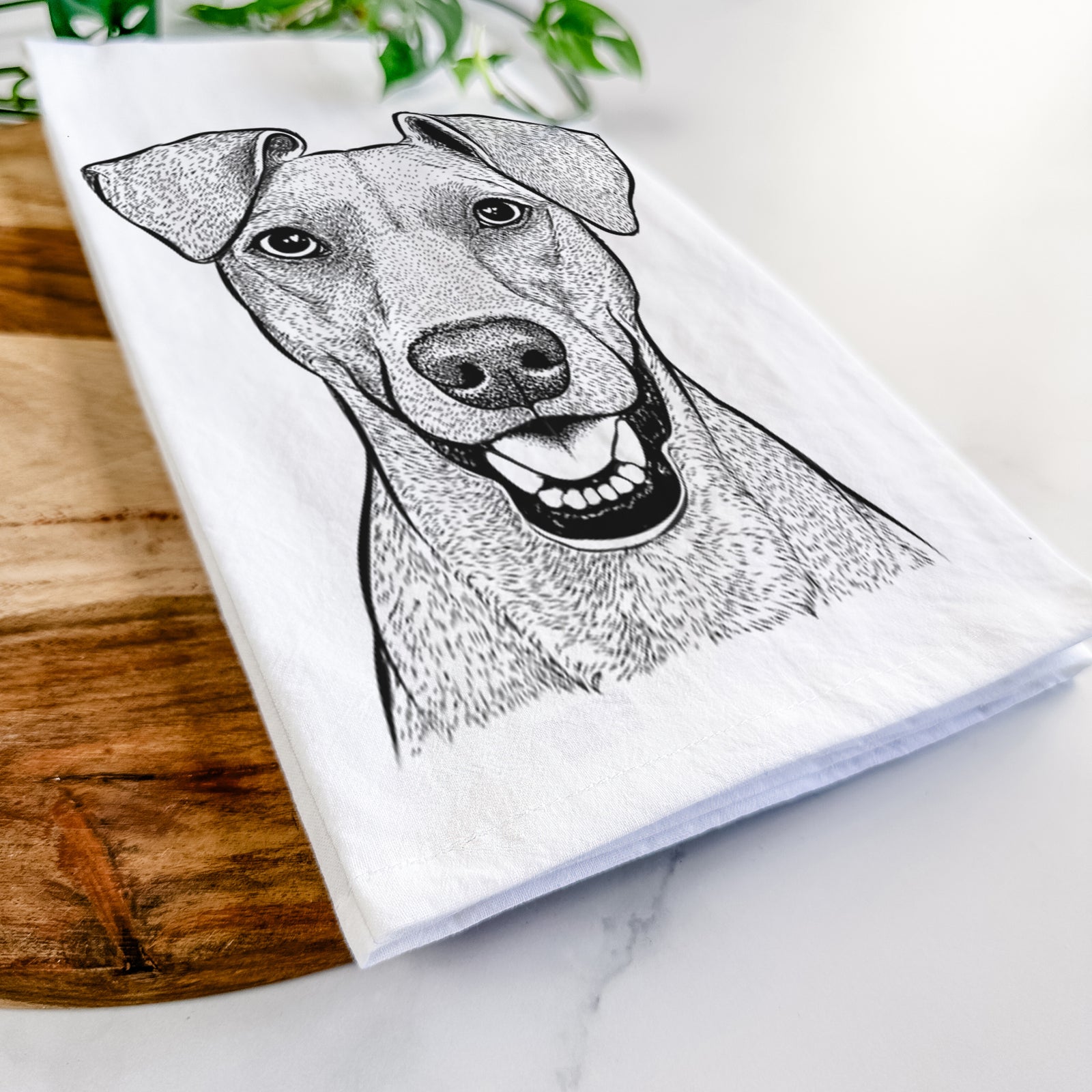 Hand-drawn sketch of Willow the German Pinscher on a tea towel