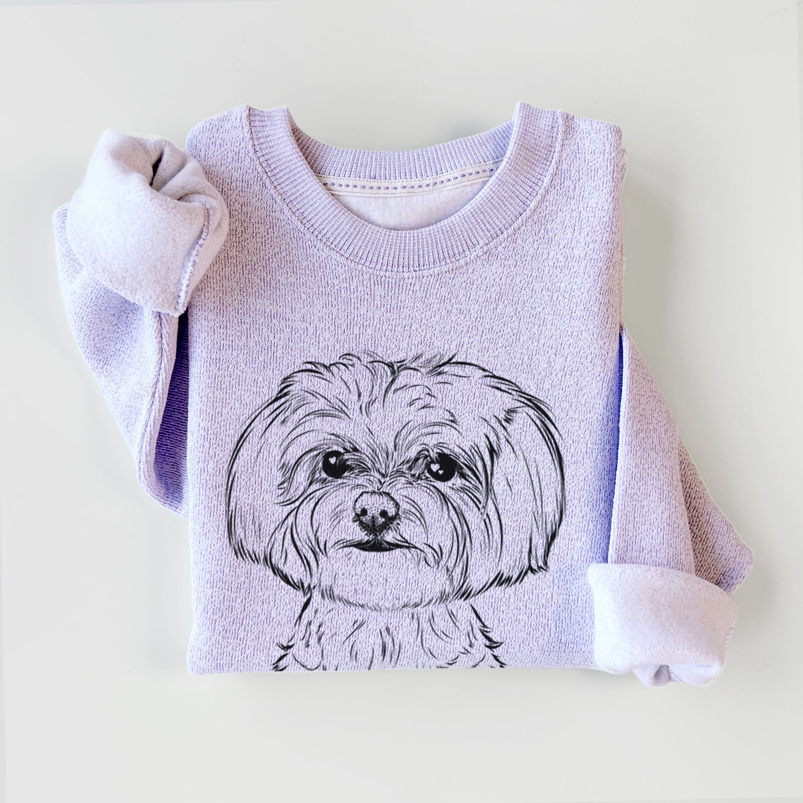 Hand-drawn sketch of Willow the Maltese on an Ice Purple knit sweatshirt