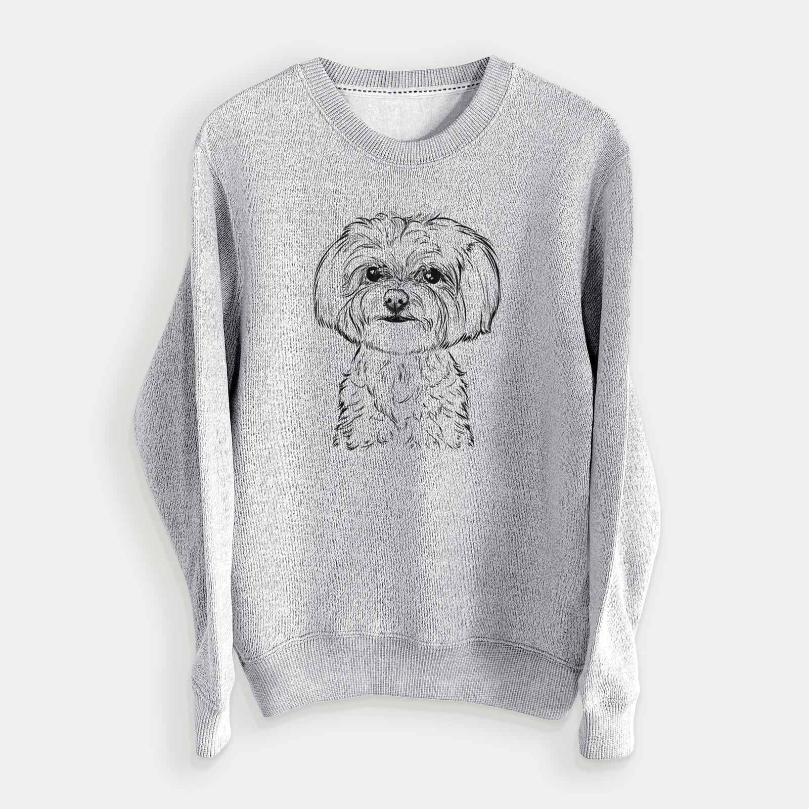 Hand-drawn sketch of Willow the Maltese on a Salt Pepper knit sweatshirt