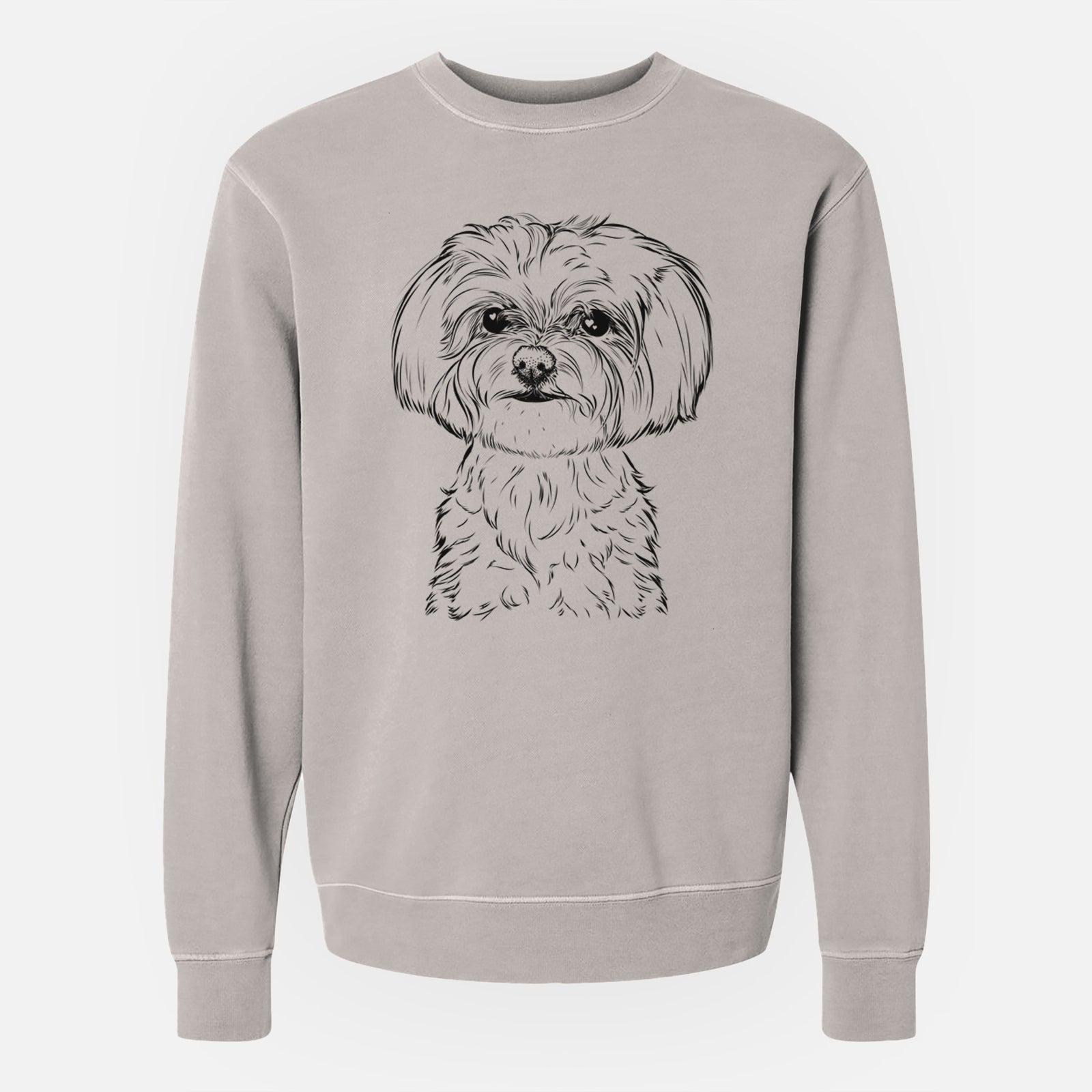 Hand-drawn sketch of Willow the Maltese on a Cement Unisex pigment dyed crew sweatshirt