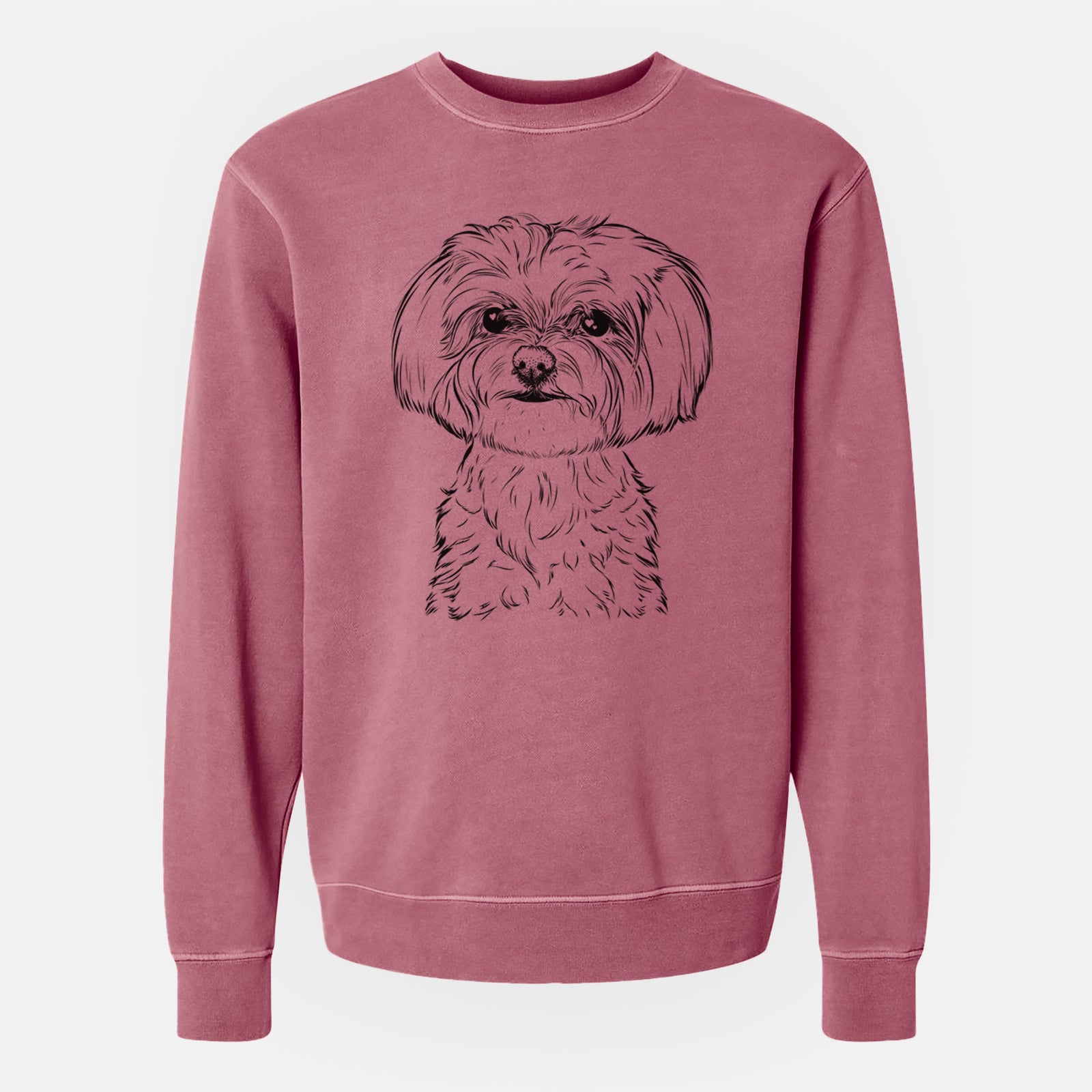 Hand-drawn sketch of Willow the Maltese on a Maroon Unisex pigment dyed crew sweatshirt