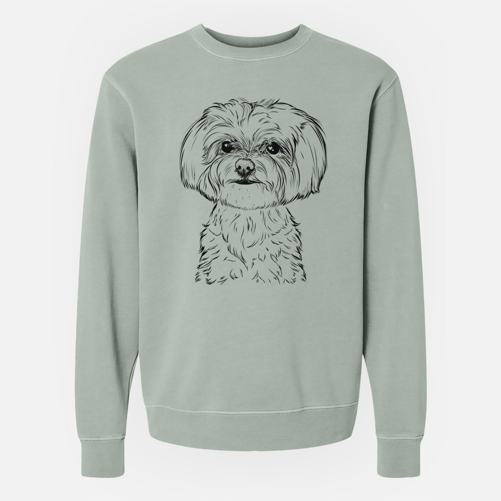 Hand-drawn sketch of Willow the Maltese on a Sage Unisex pigment dyed crew sweatshirt