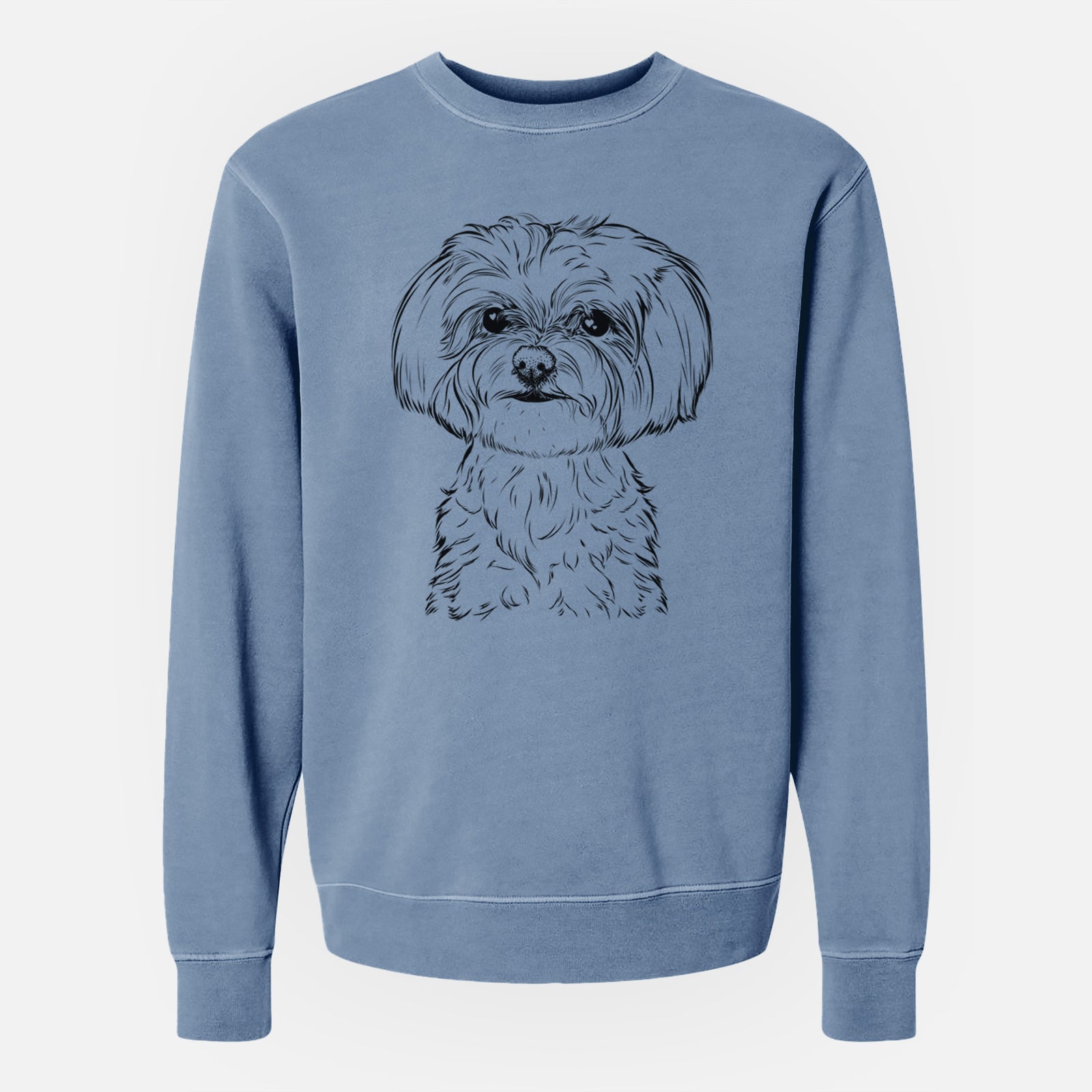 Hand-drawn sketch of Willow the Maltese on a Slate Blue Unisex pigment dyed crew sweatshirt