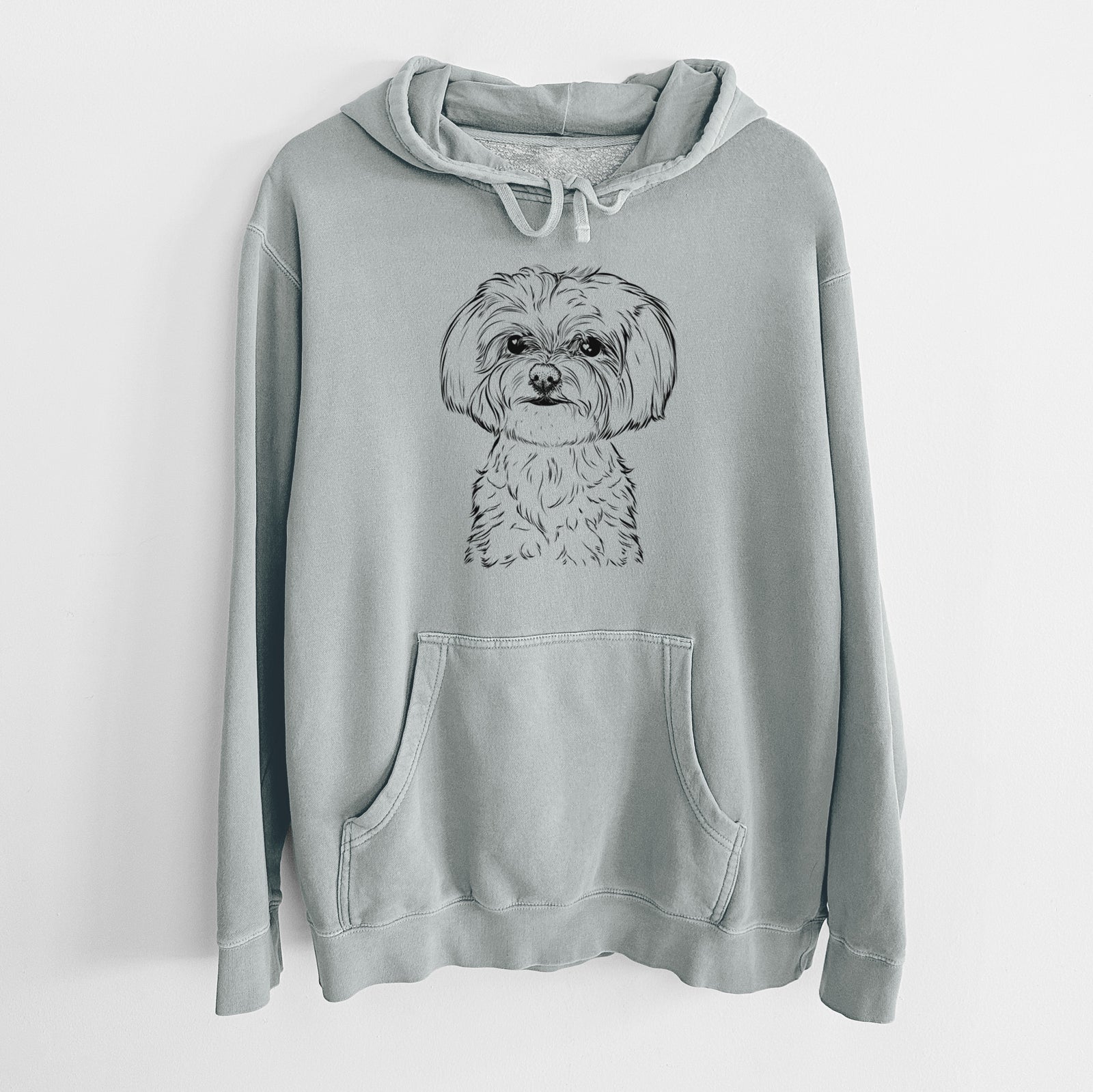 Hand-drawn sketch of Willow the Maltese on a Sage Unisex pigment dyed hoodie