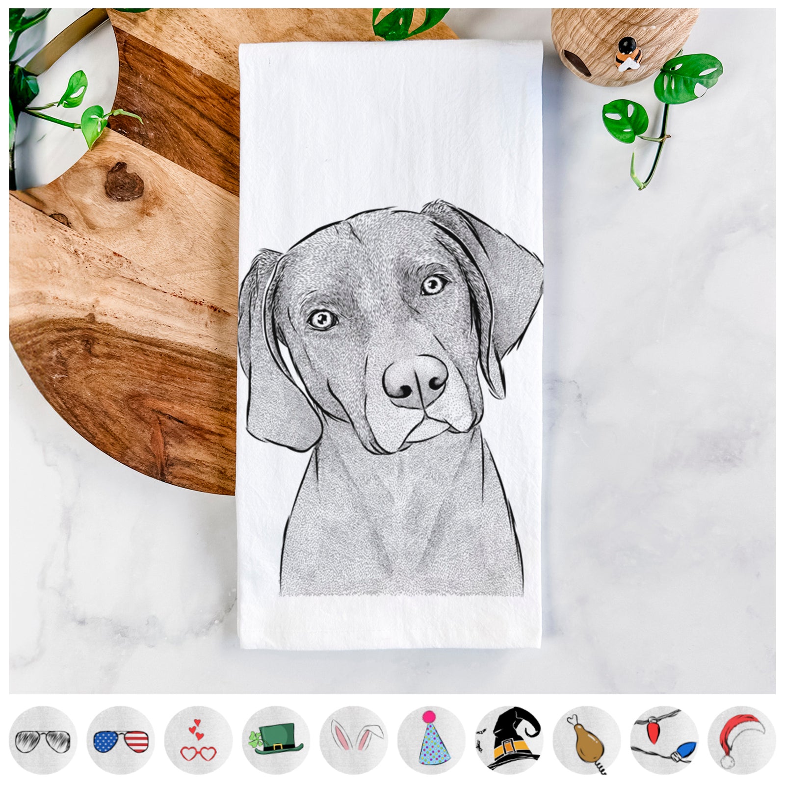 Hand-drawn sketch of Willow the Weizsla on a tea towel, shown with icons of the other available costume styles