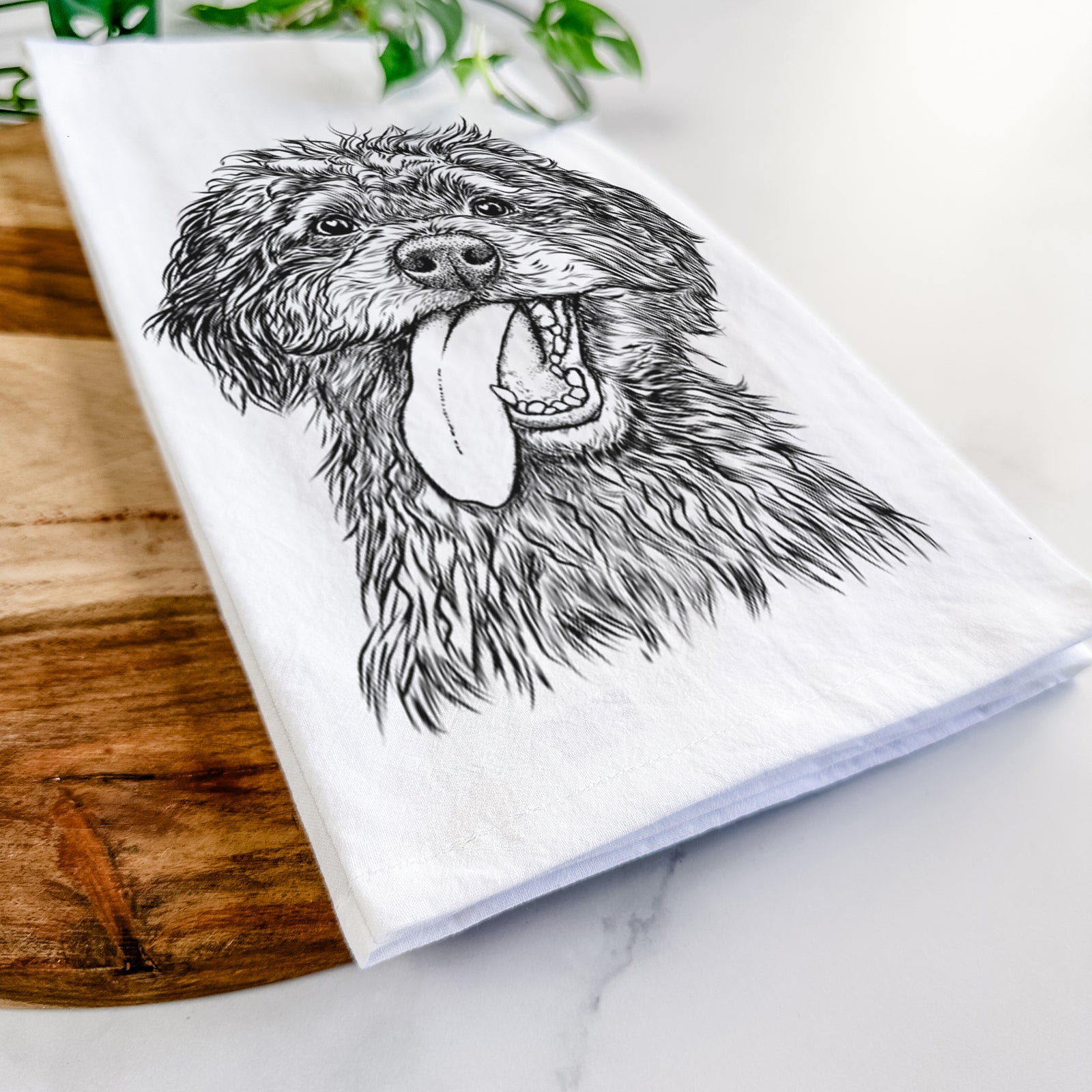 Hand-drawn sketch of Winnie the Mini Aussiedoodle on a tea towel