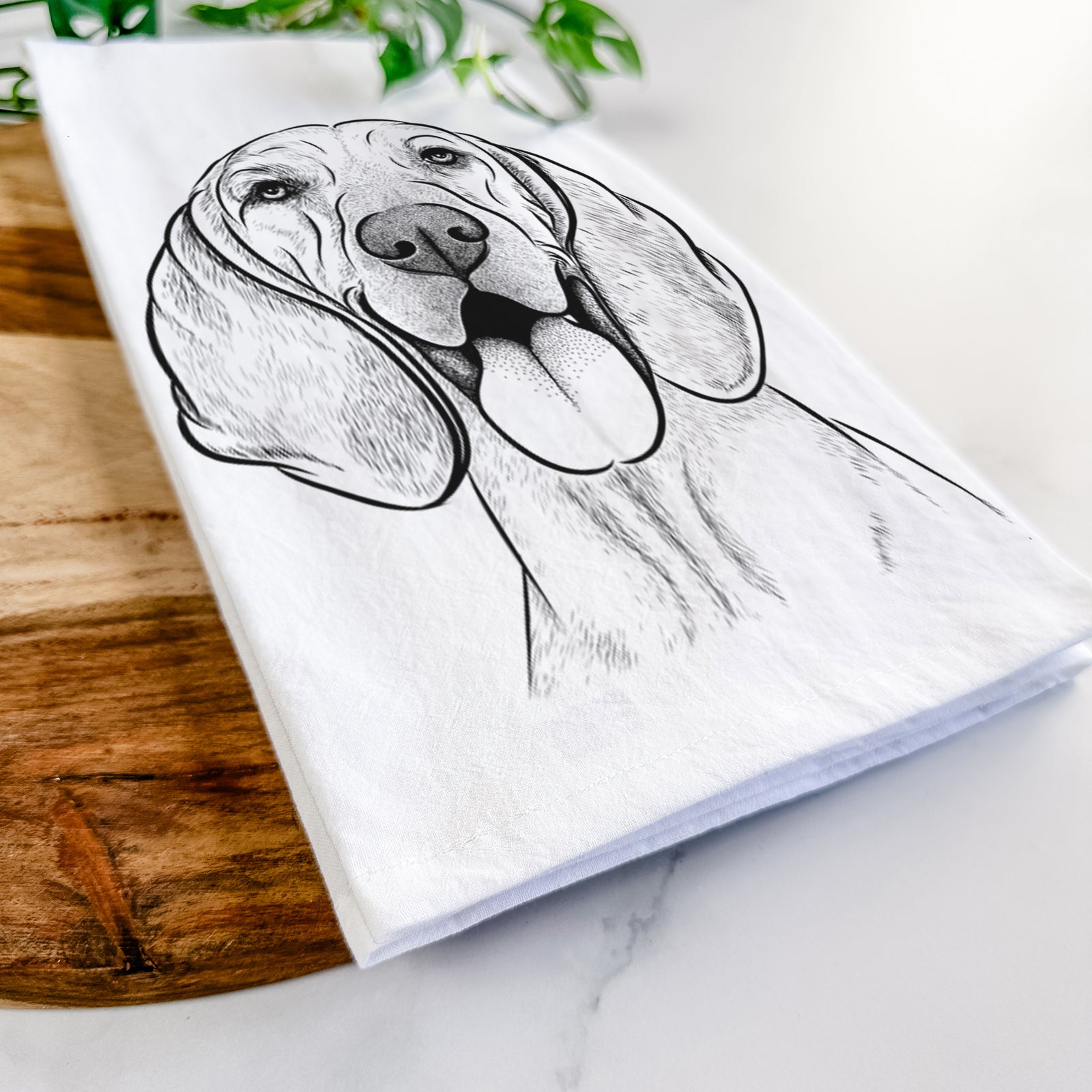 Hand-drawn sketch of Winston the Redbone Coonhound on a tea towel