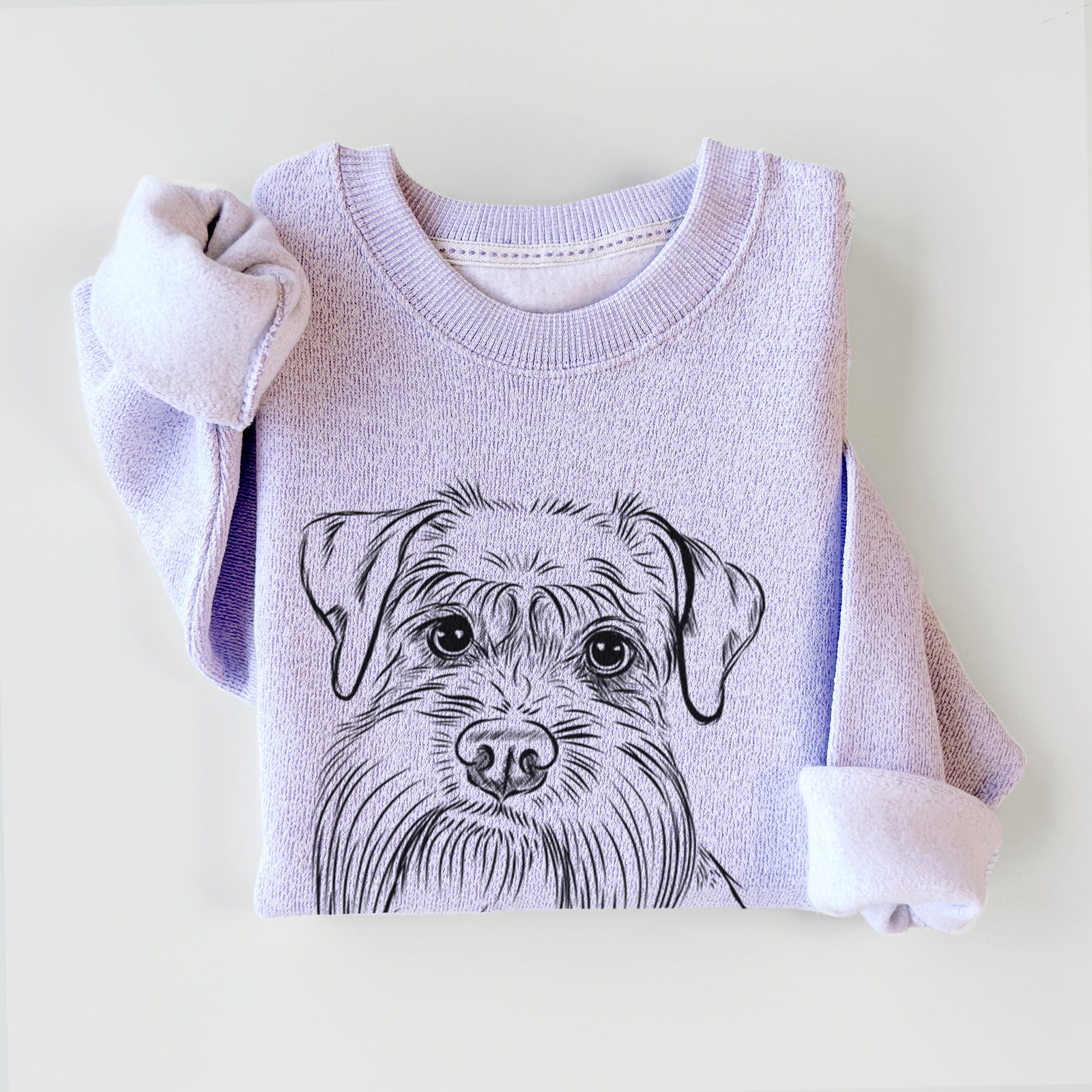 Hand-drawn sketch of Wrigley the Schnauzer on an Ice Purple knit sweatshirt