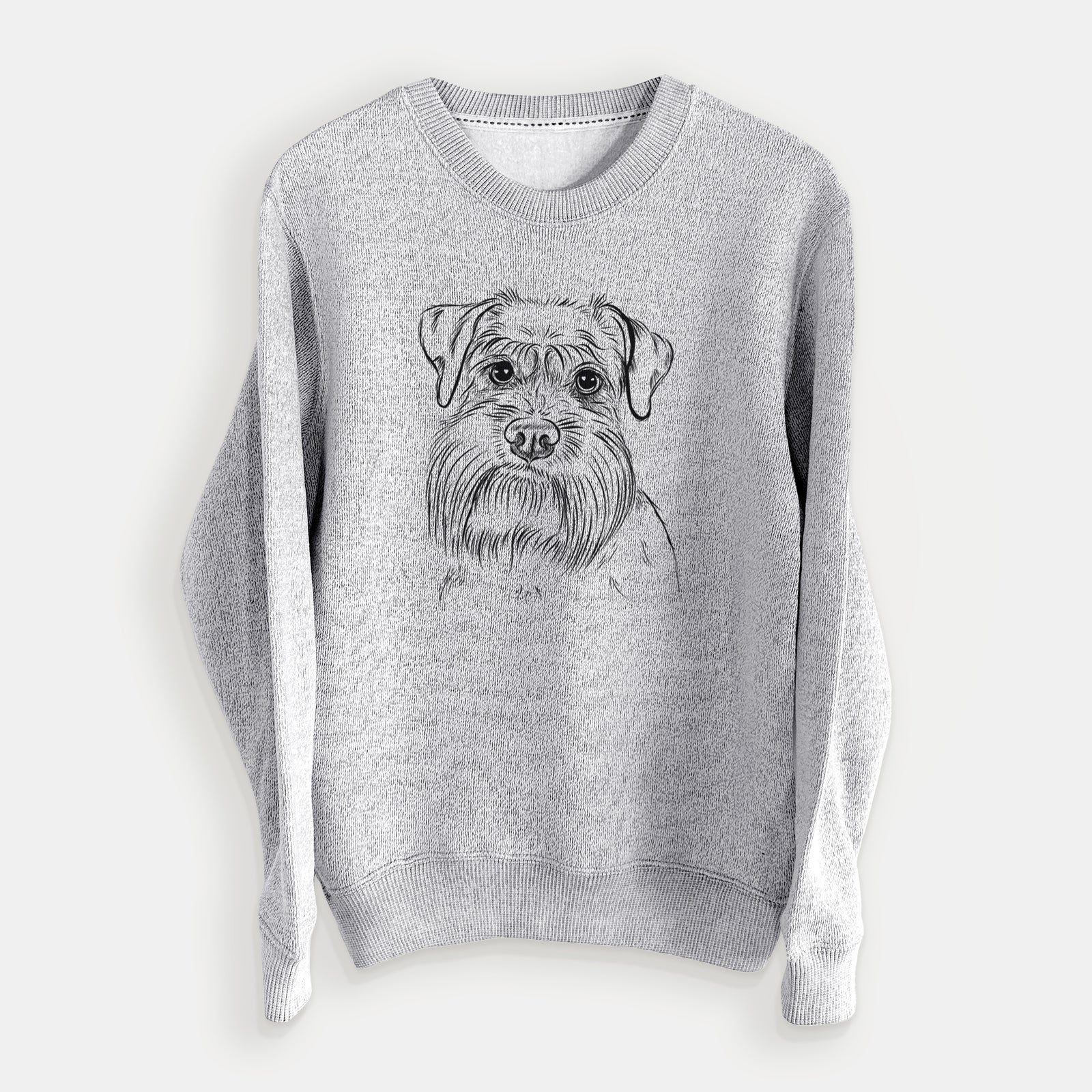 Hand-drawn sketch of Wrigley the Schnauzer on a Salt Pepper knit sweatshirt