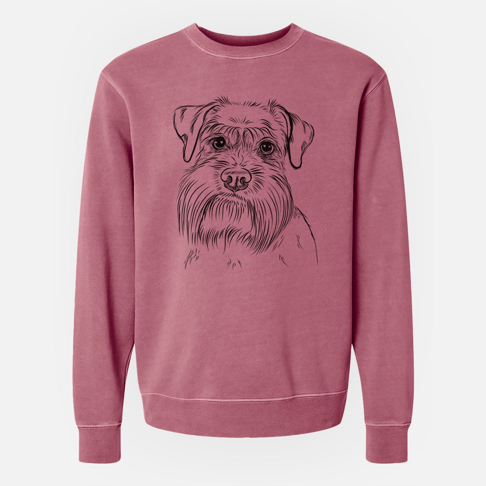 Hand-drawn sketch of Wrigley the Schnauzer on a Maroon Unisex pigment dyed crew sweatshirt