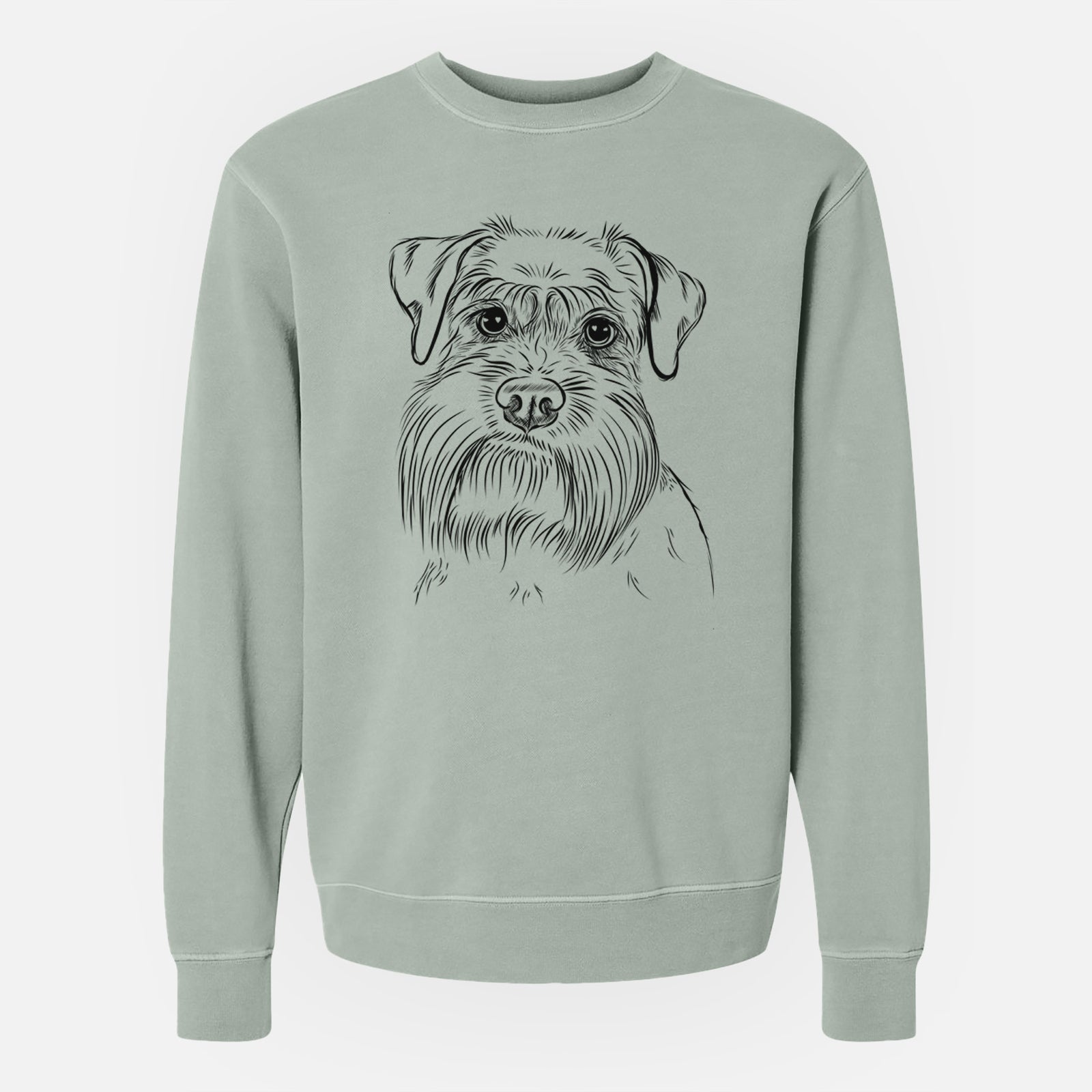 Hand-drawn sketch of Wrigley the Schnauzer on a Sage Unisex pigment dyed crew sweatshirt