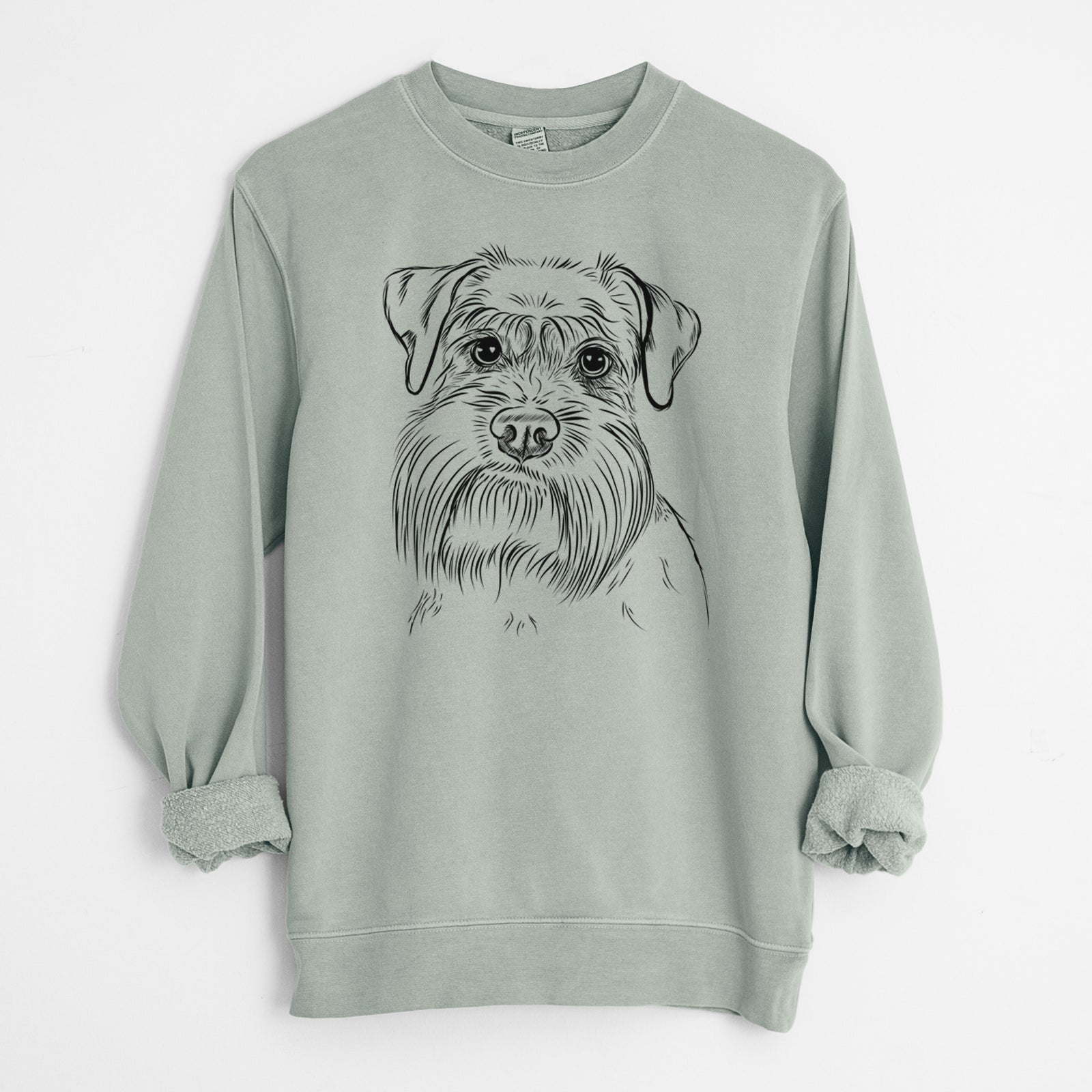 Hand-drawn sketch of Wrigley the Schnauzer on a Sage Unisex pigment dyed crew sweatshirt