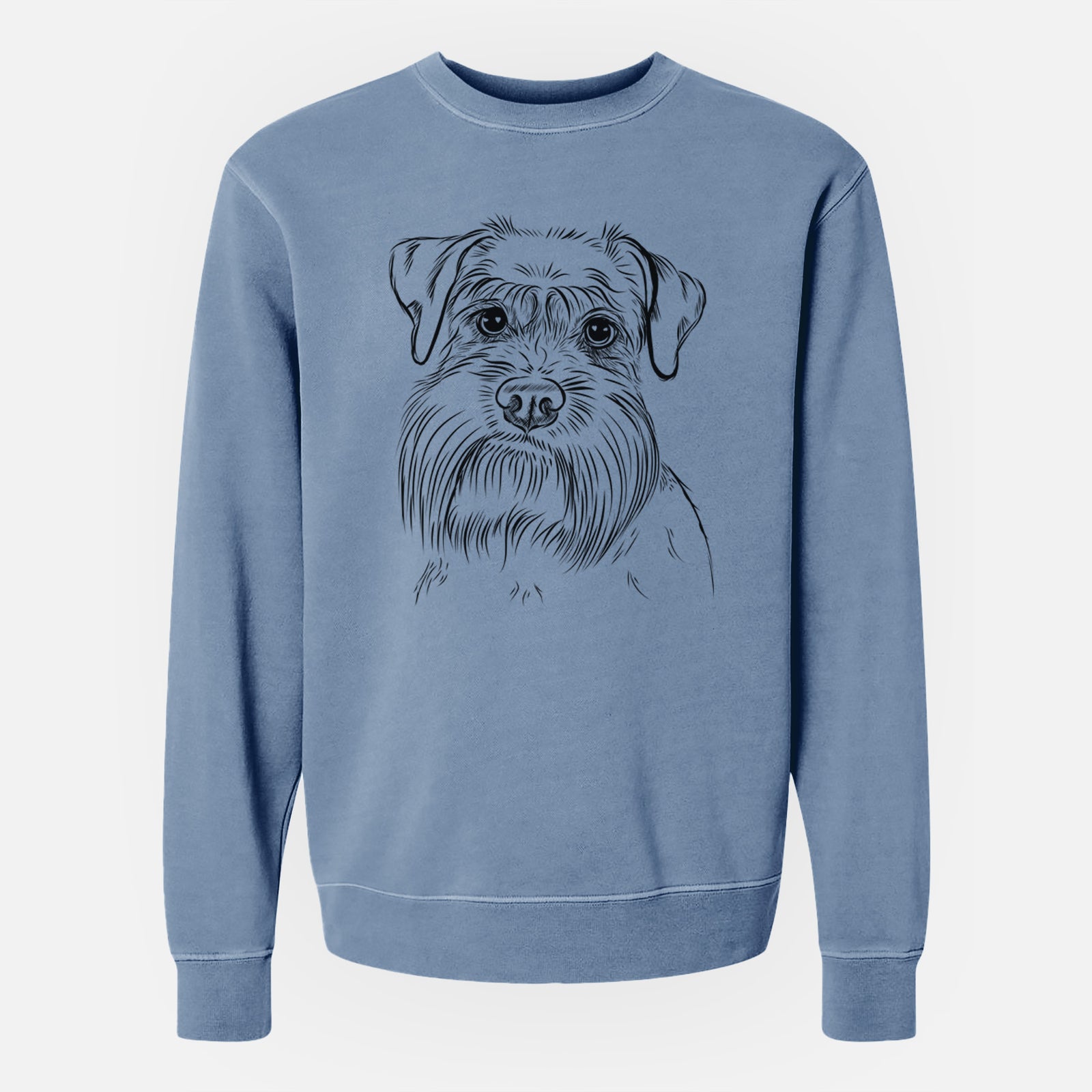 Hand-drawn sketch of Wrigley the Schnauzer on a Slate Blue Unisex pigment dyed crew sweatshirt