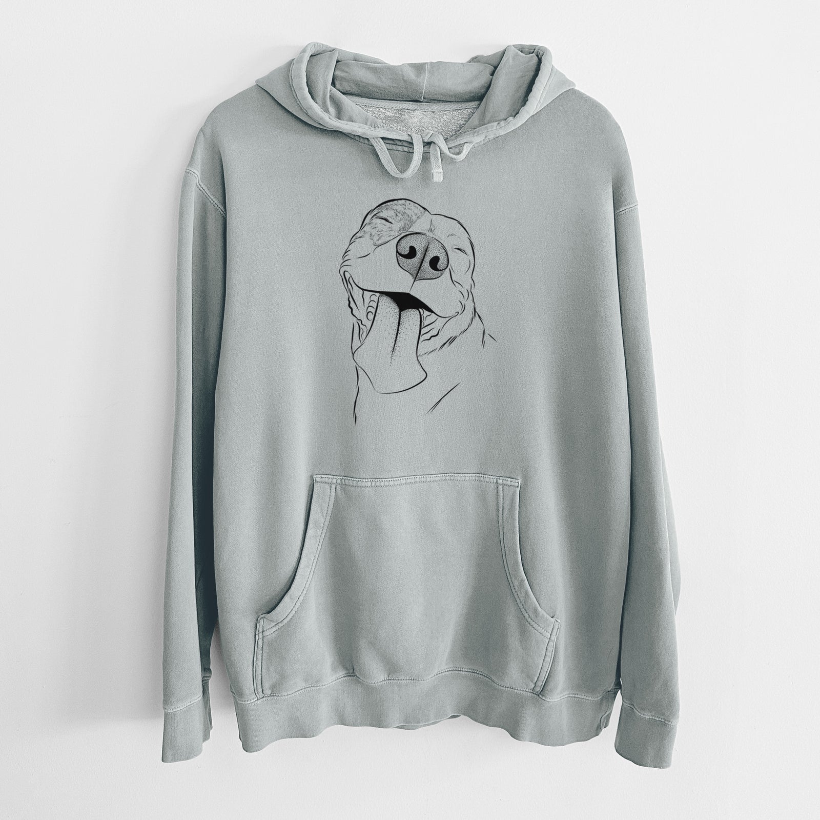 Hand-drawn sketch of Xena the American Staffordshire Terrier on a Sage Unisex pigment dyed hoodie