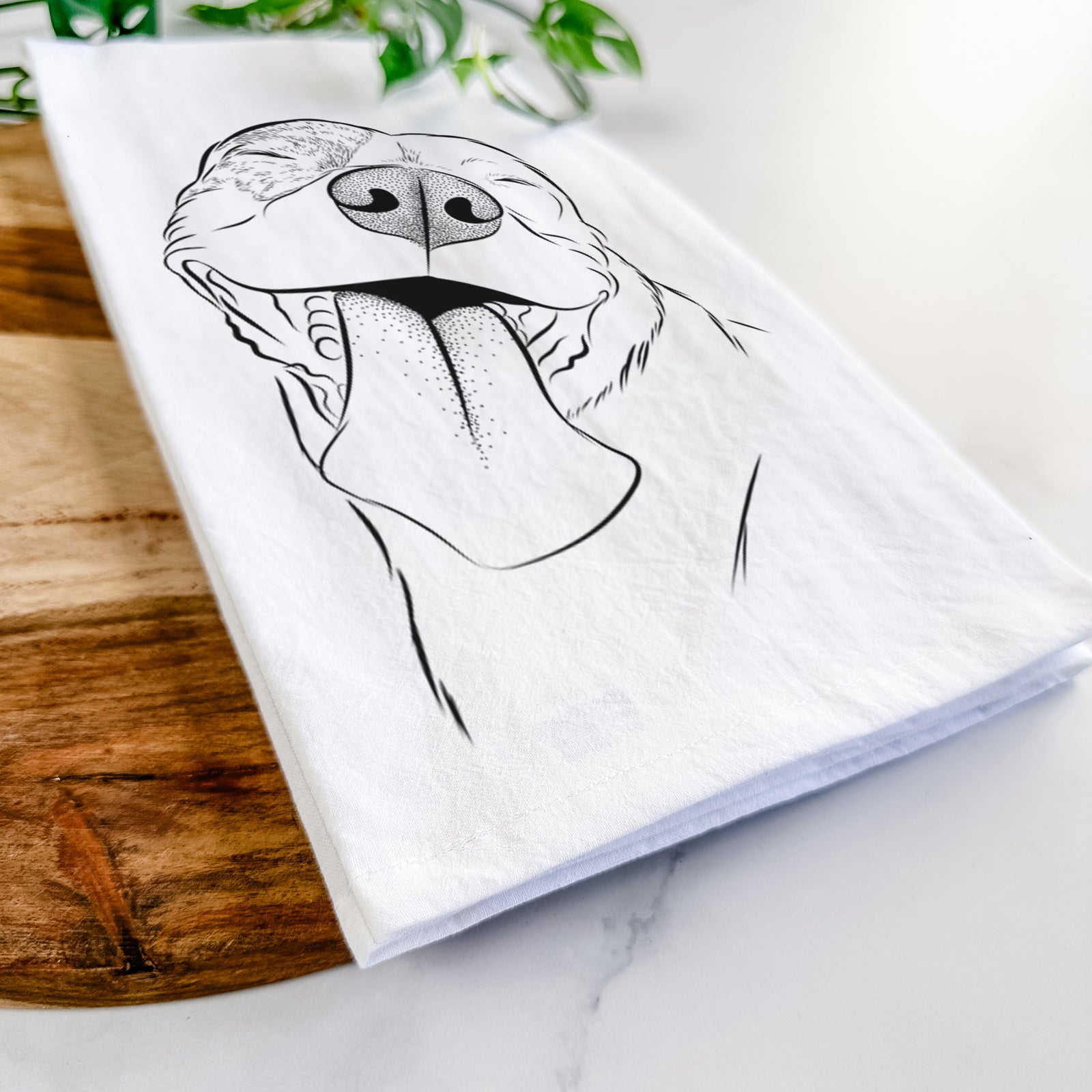 Hand-drawn sketch of Xena the American Staffordshire Terrier on a tea towel