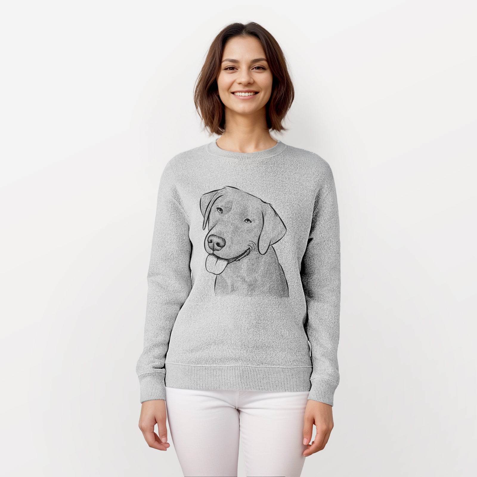 Hand-drawn sketch of Zeppelin the Black Labrador on a knit sweatshirt, worn by a woman