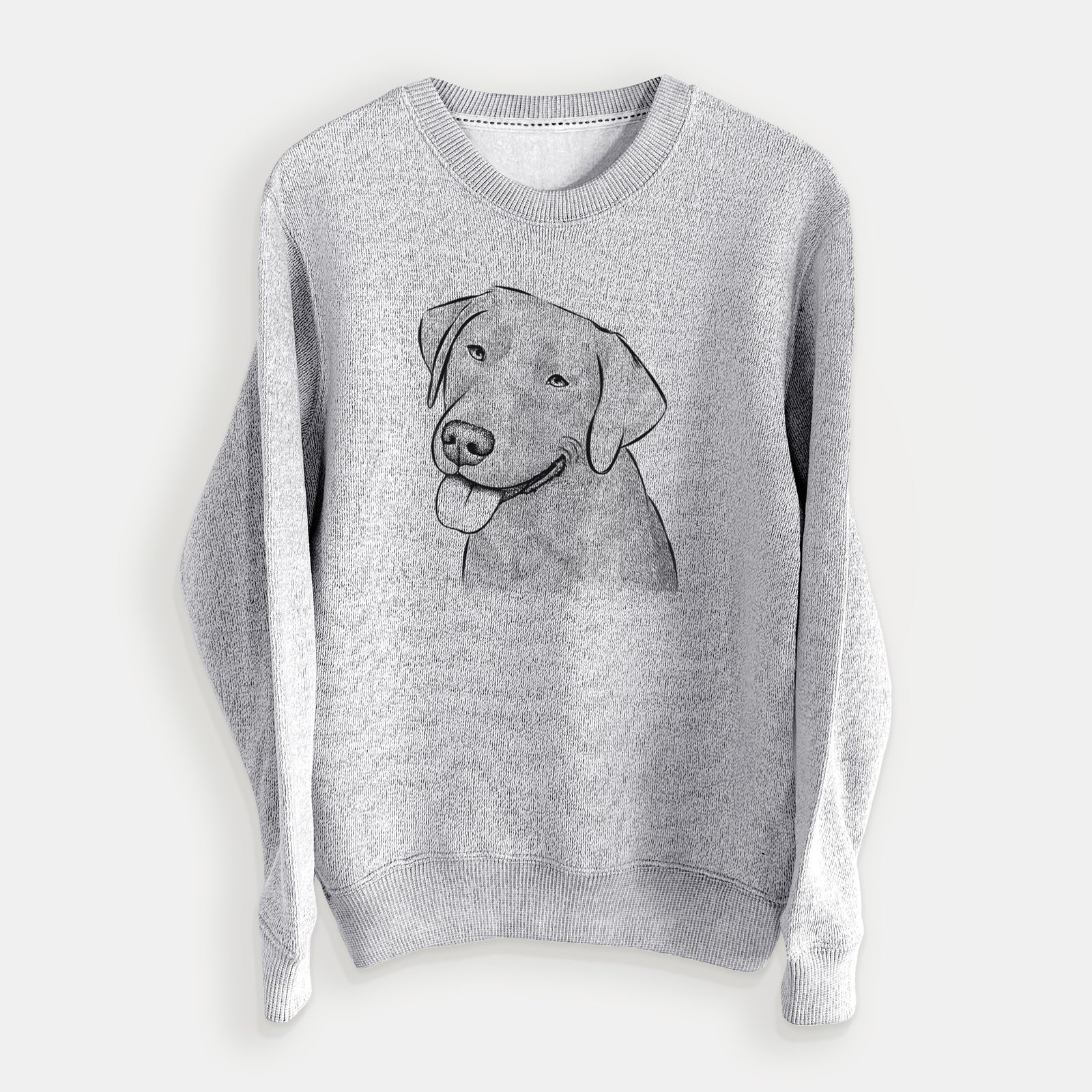 Hand-drawn sketch of Zeppelin the Black Labrador on a Salt Pepper knit sweatshirt