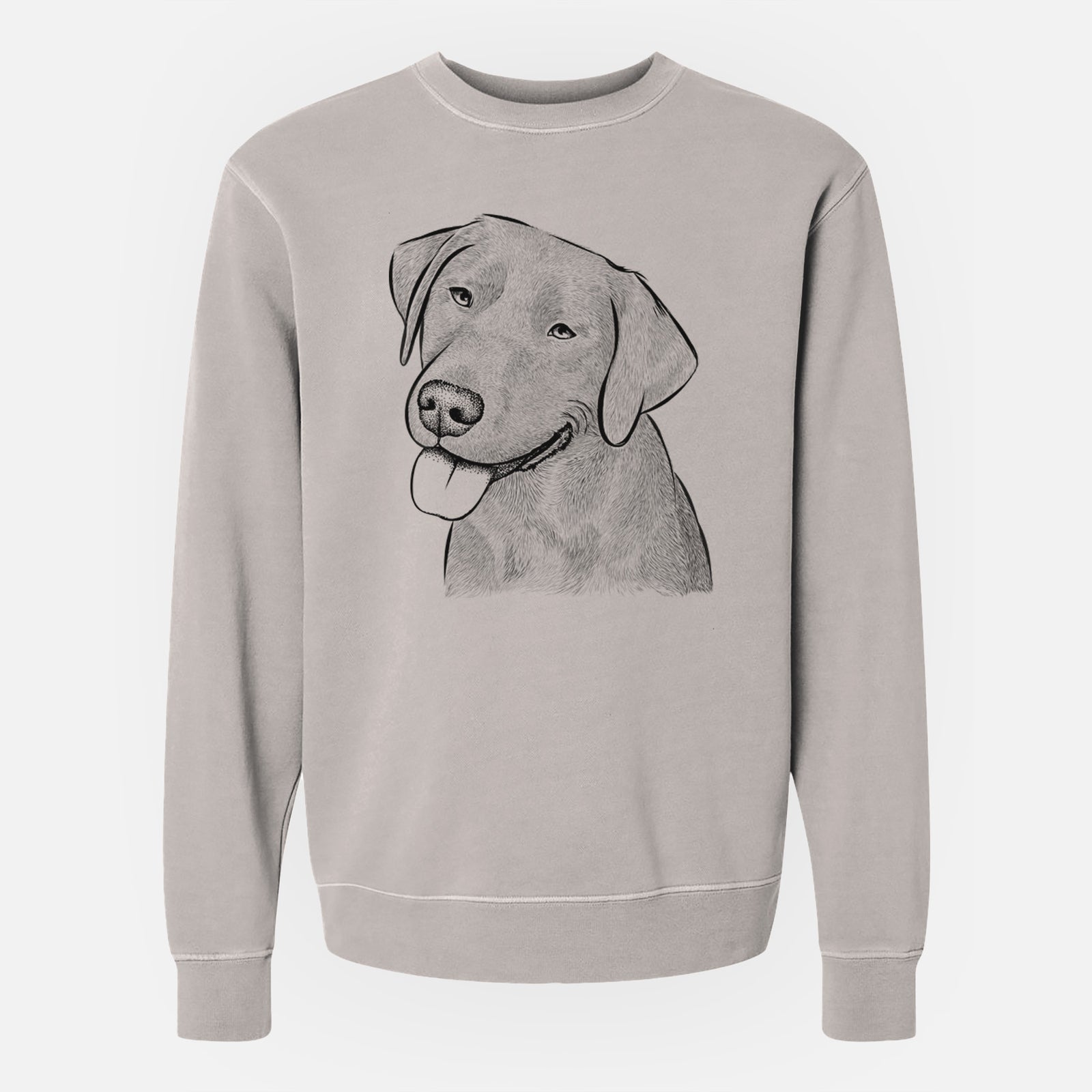 Hand-drawn sketch of Zeppelin the Black Labrador on a Cement Unisex pigment dyed crew sweatshirt