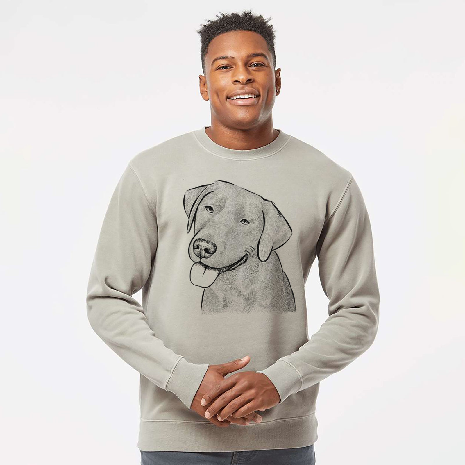 Hand-drawn sketch of Zeppelin the Black Labrador on a Cement Unisex pigment dyed crew sweatshirt