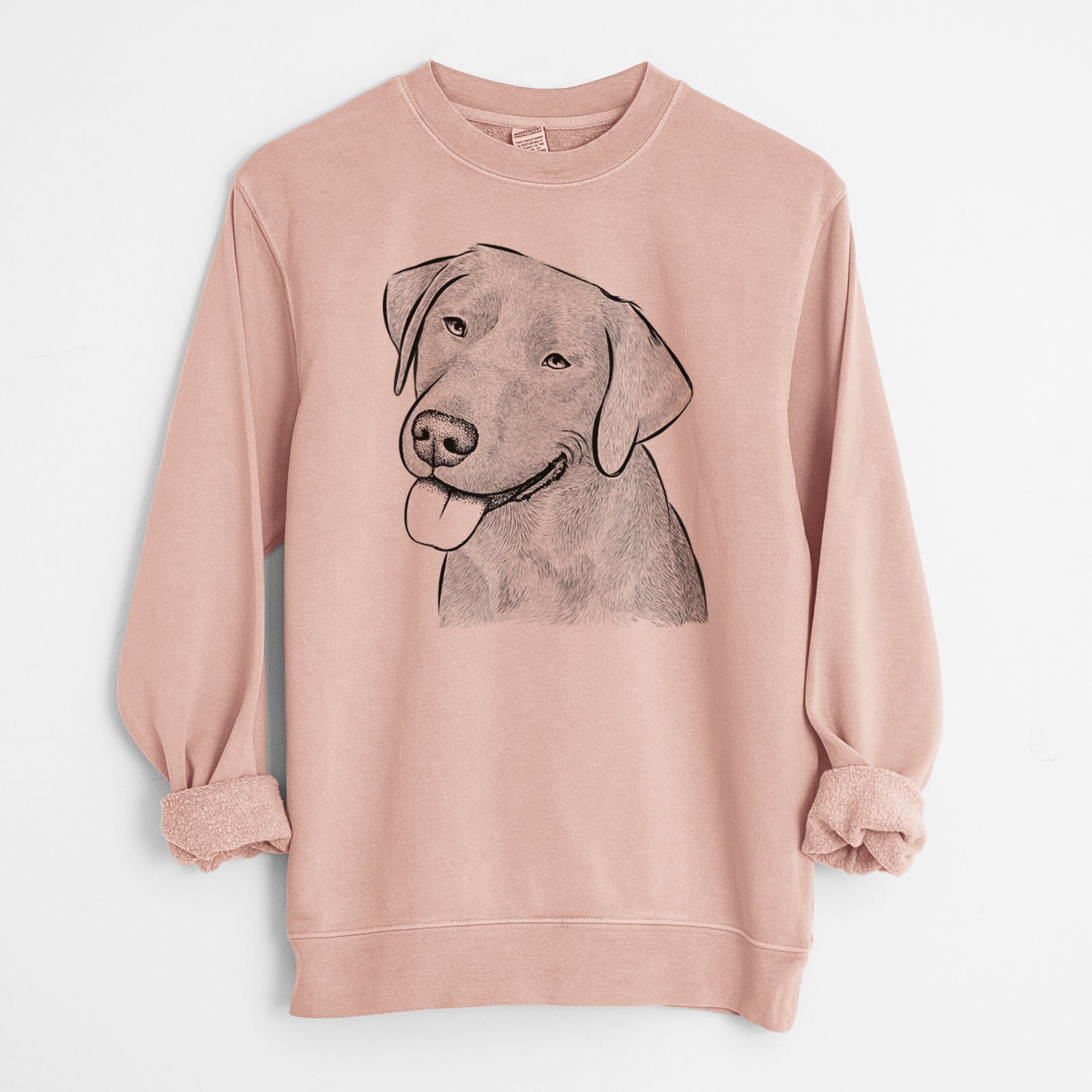 Hand-drawn sketch of Zeppelin the Black Labrador on a Dusty Pink Unisex pigment dyed crew sweatshirt