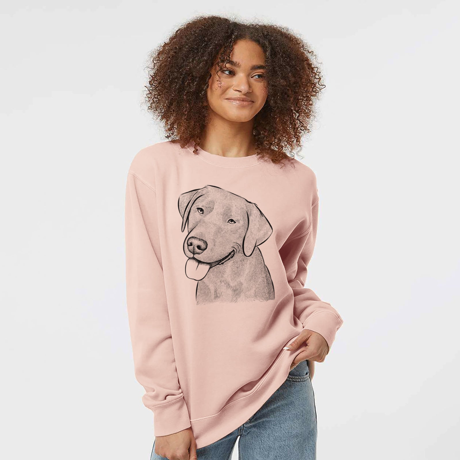 Hand-drawn sketch of Zeppelin the Black Labrador on a Dusty Pink Unisex pigment dyed crew sweatshirt