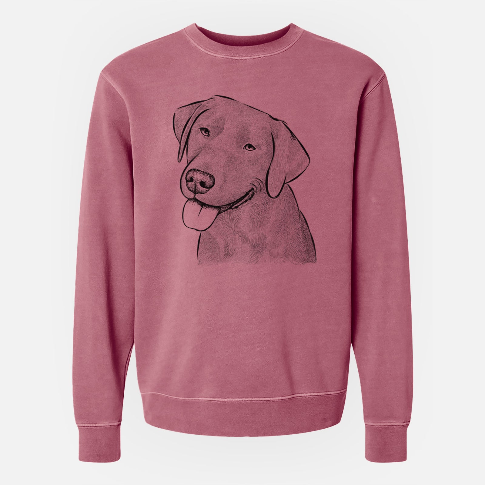 Hand-drawn sketch of Zeppelin the Black Labrador on a Maroon Unisex pigment dyed crew sweatshirt