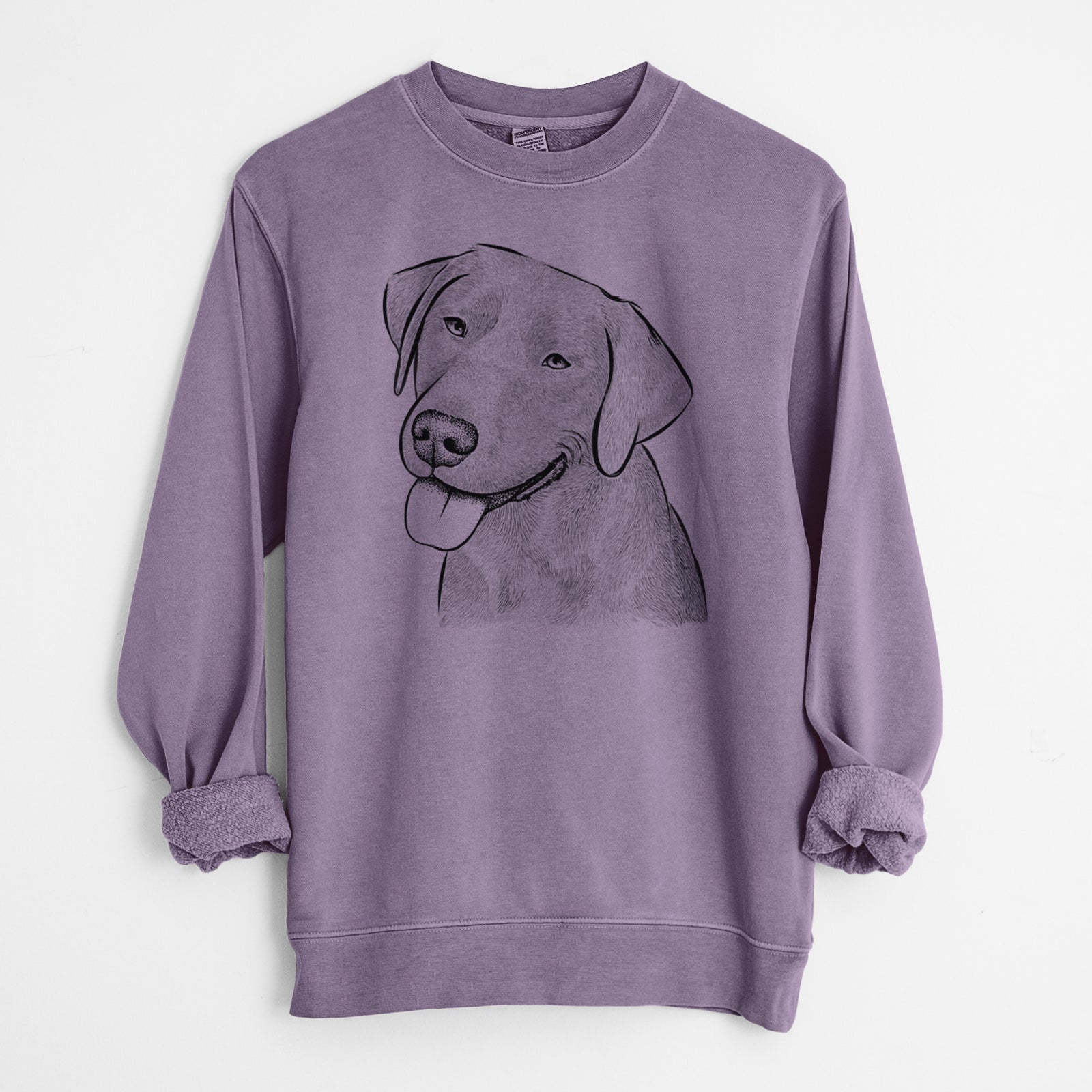 Hand-drawn sketch of Zeppelin the Black Labrador on a Plum Unisex pigment dyed crew sweatshirt