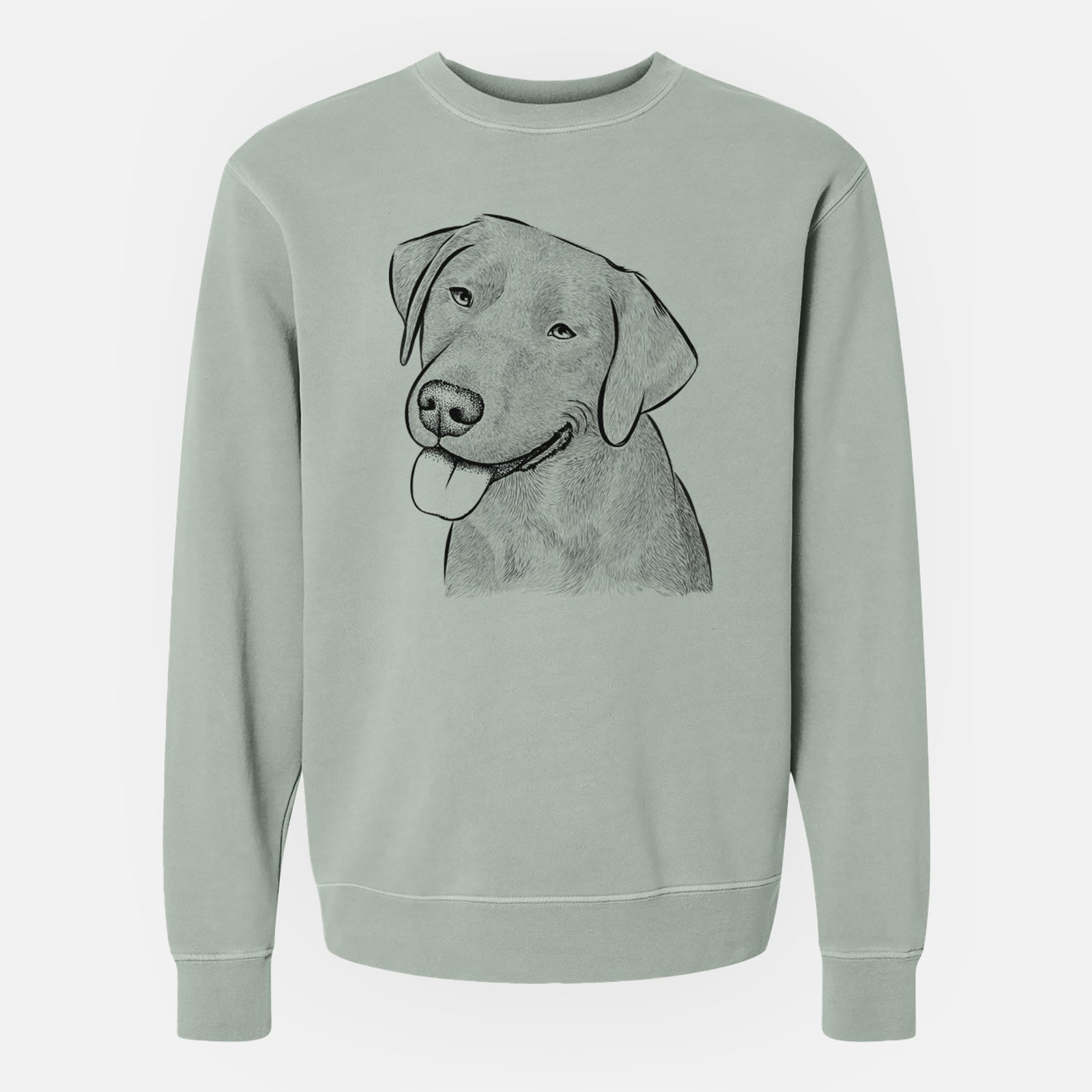 Hand-drawn sketch of Zeppelin the Black Labrador on a Sage Unisex pigment dyed crew sweatshirt