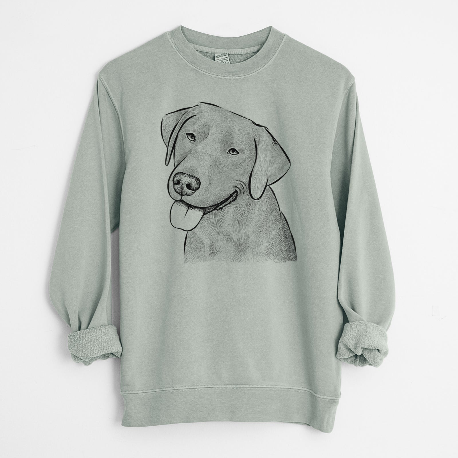 Hand-drawn sketch of Zeppelin the Black Labrador on a Sage Unisex pigment dyed crew sweatshirt
