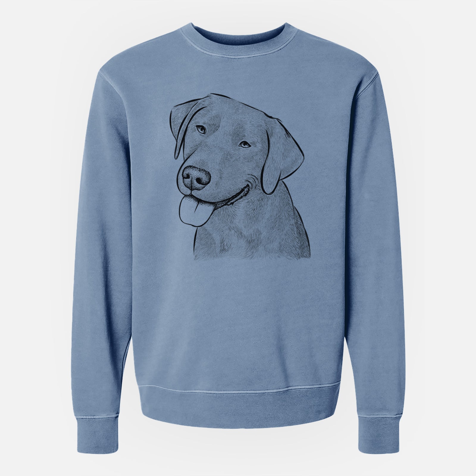 Hand-drawn sketch of Zeppelin the Black Labrador on a Slate Blue Unisex pigment dyed crew sweatshirt