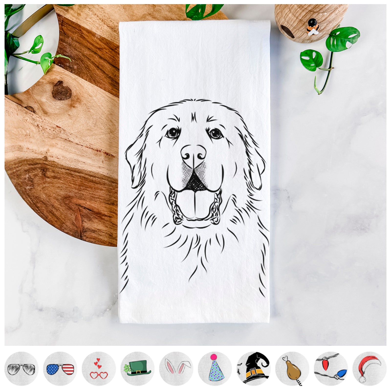 Hand-drawn sketch of Zeus the Great Pyrenees on a tea towel, shown with icons of the other available costume styles
