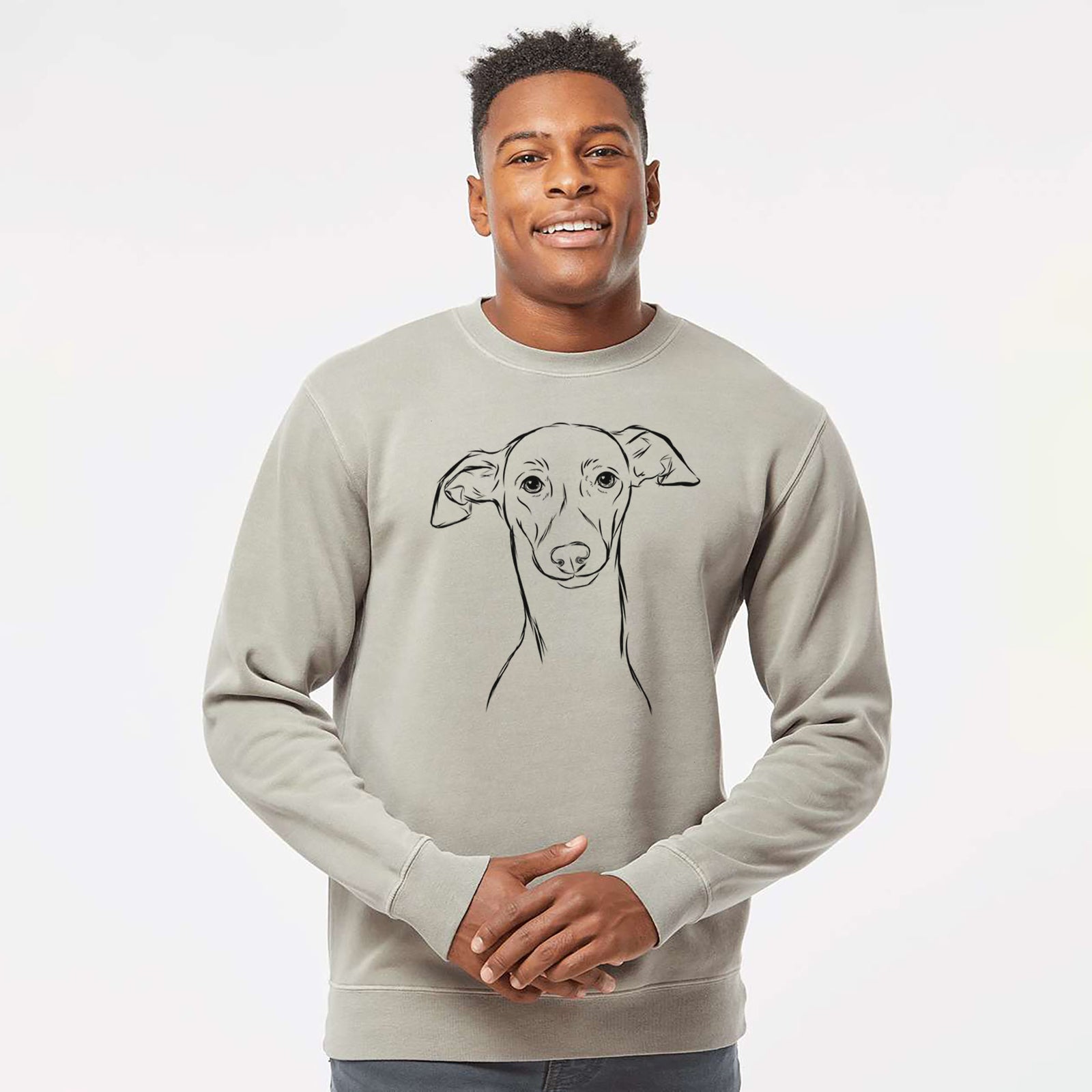 Hand-drawn sketch of Ziggie the Italian Greyhound on a Cement Unisex pigment dyed crew sweatshirt