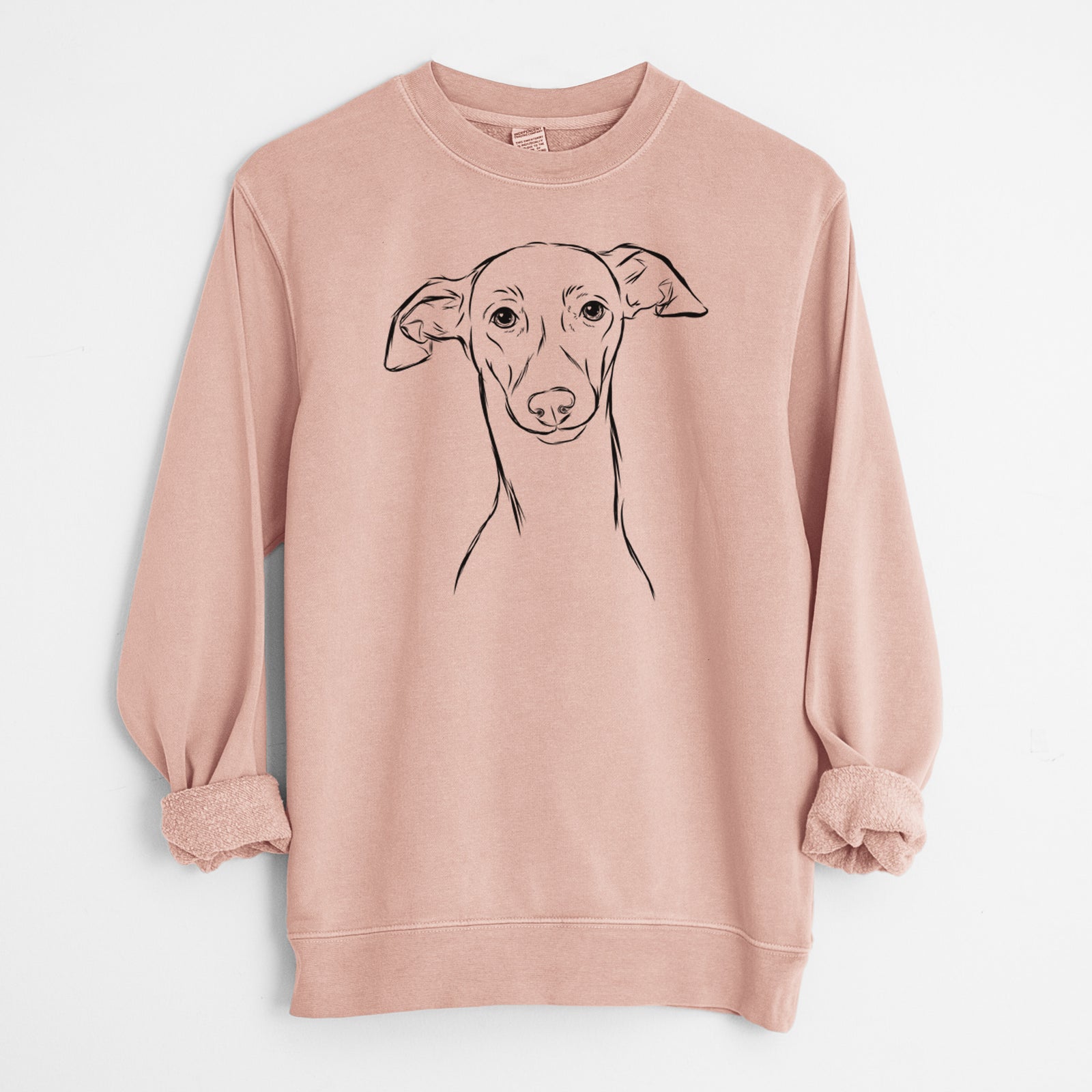 Hand-drawn sketch of Ziggie the Italian Greyhound on a Dusty Pink Unisex pigment dyed crew sweatshirt