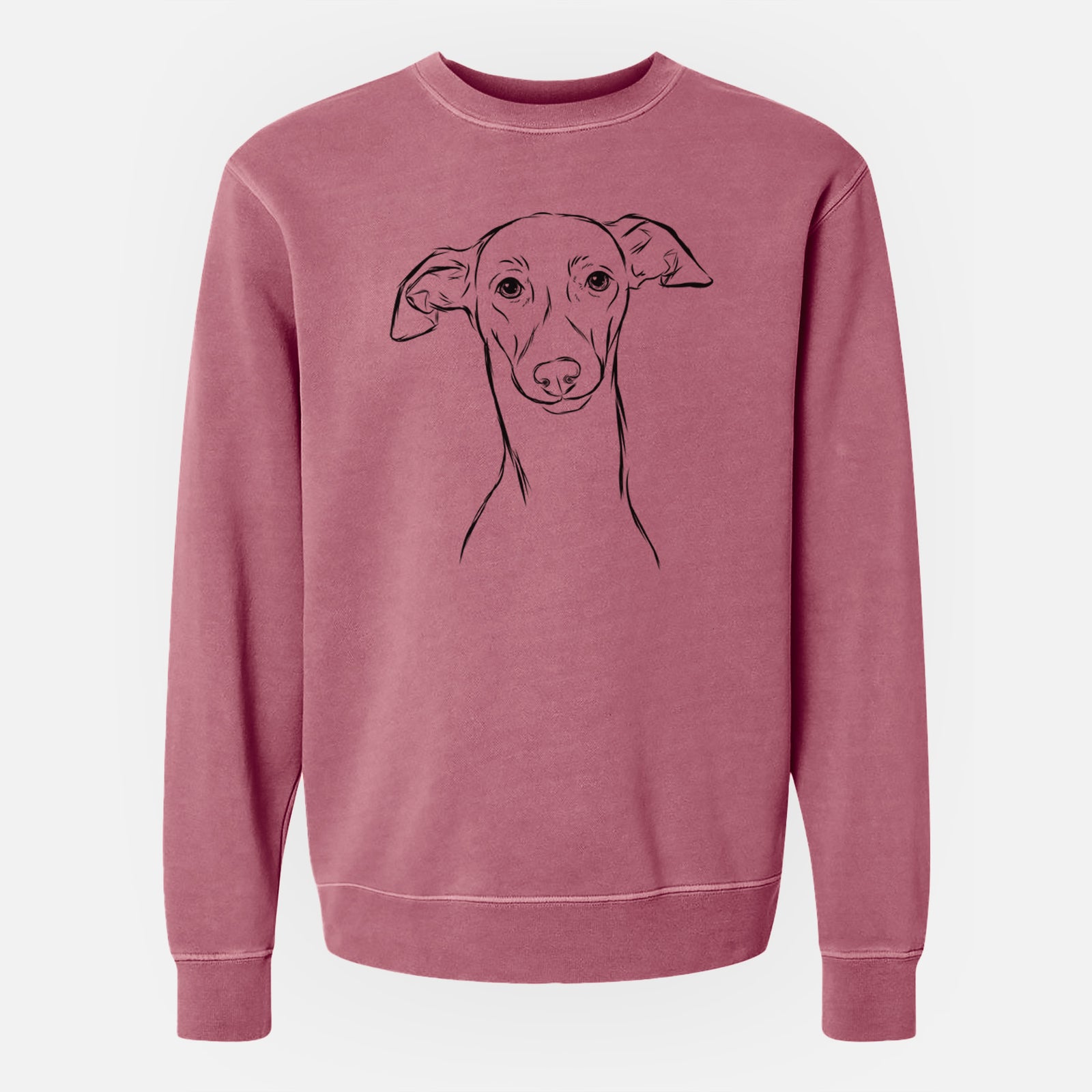 Hand-drawn sketch of Ziggie the Italian Greyhound on a Maroon Unisex pigment dyed crew sweatshirt