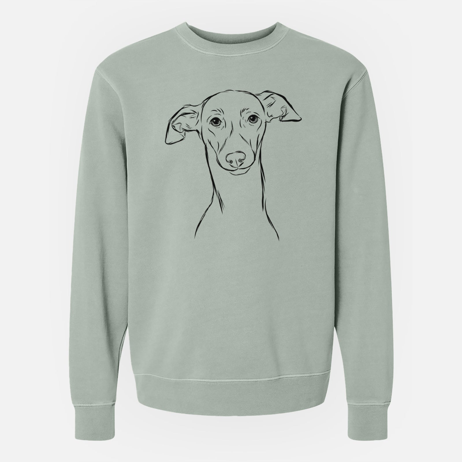 Hand-drawn sketch of Ziggie the Italian Greyhound on a Sage Unisex pigment dyed crew sweatshirt