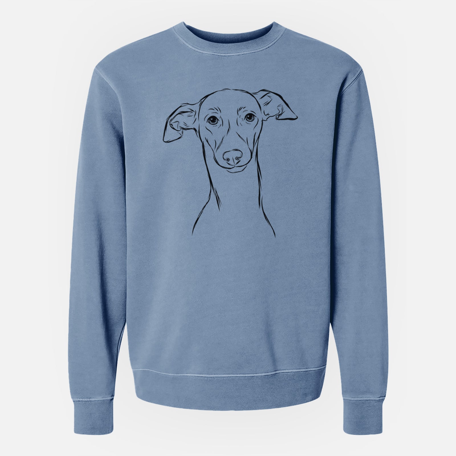 Hand-drawn sketch of Ziggie the Italian Greyhound on a Slate Blue Unisex pigment dyed crew sweatshirt