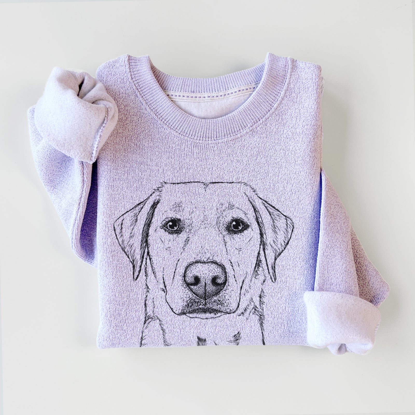 Hand-drawn sketch of Zoe the Yellow Lab on an Ice Purple knit sweatshirt