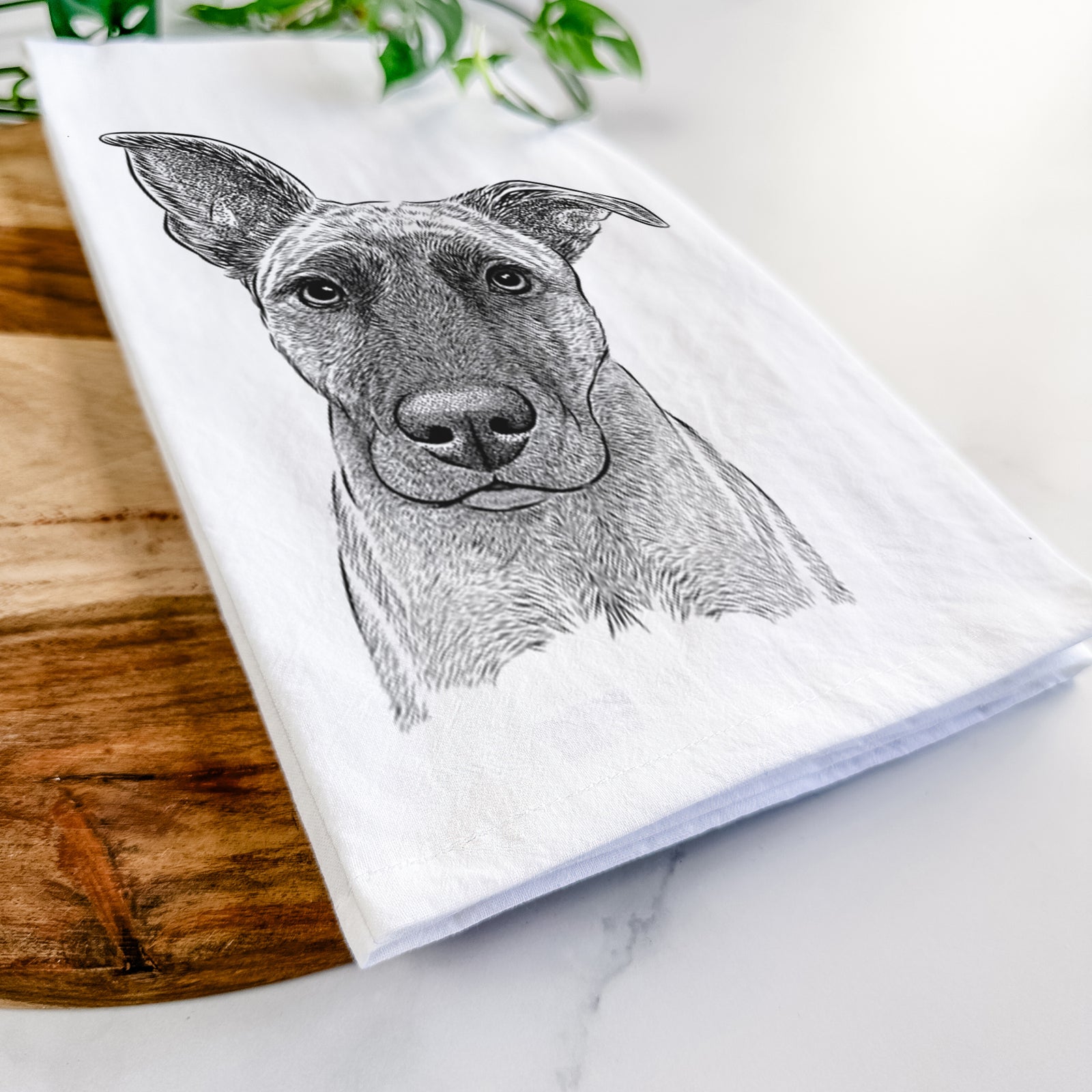 Hand-drawn sketch of Zoey the Mixed Breed on a tea towel